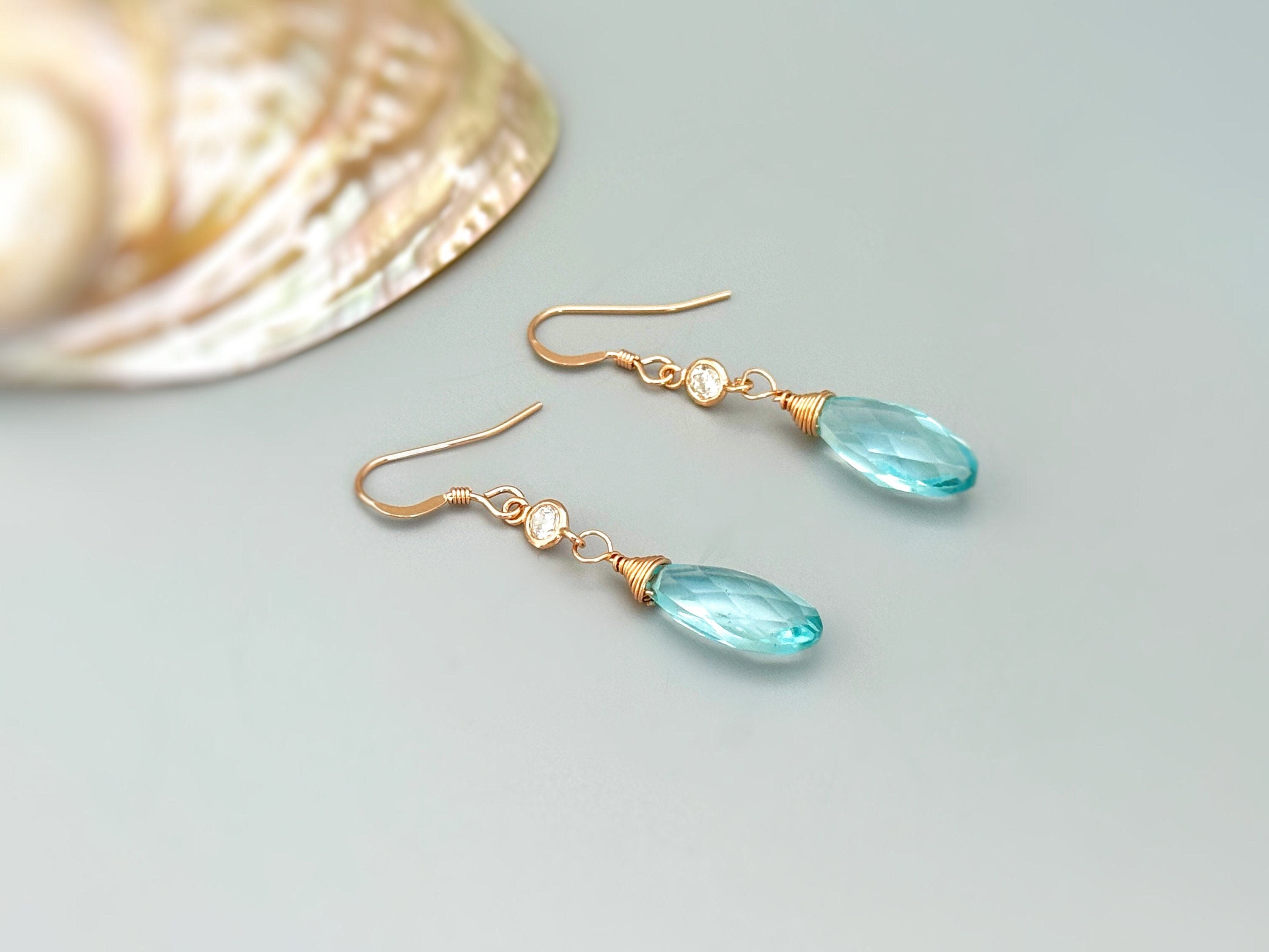 Aquamarine Crystal earrings in rose gold, gold fill or sterling silver. Dainty, Feminine blue gemstone march birthstone jewelry gift for mom, sister, or wife