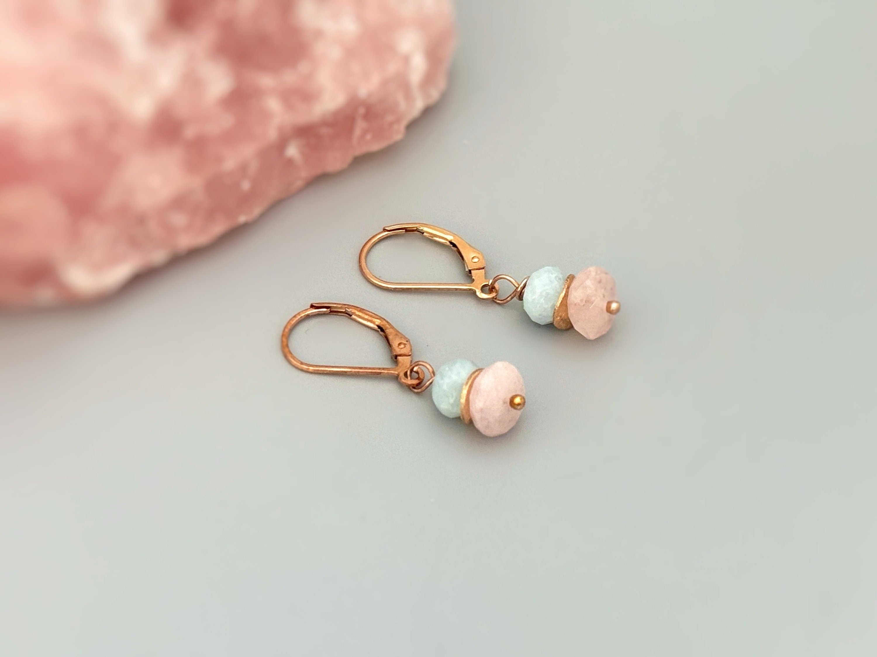 Pink Morganite and Blue Aquamarine Earrings dangle drop gold, rose gold, silver handmade dainty gemstone jewelry gift for girlfriend, sister