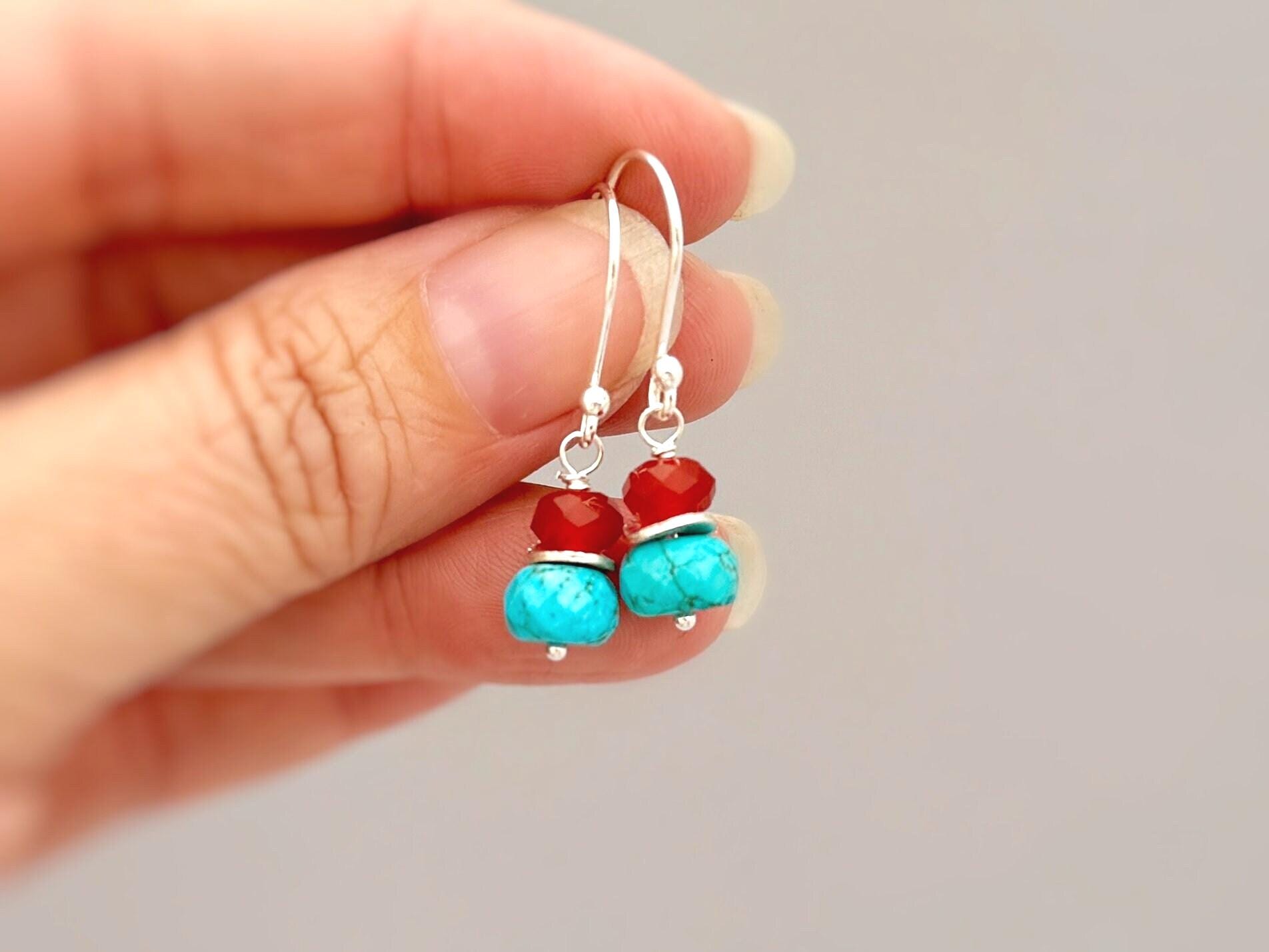 Turquoise Earrings dangle Sterling Silver 14k gold dangly handmade red and blue gemstone December birthstone handmade Carnelian jewelry gift