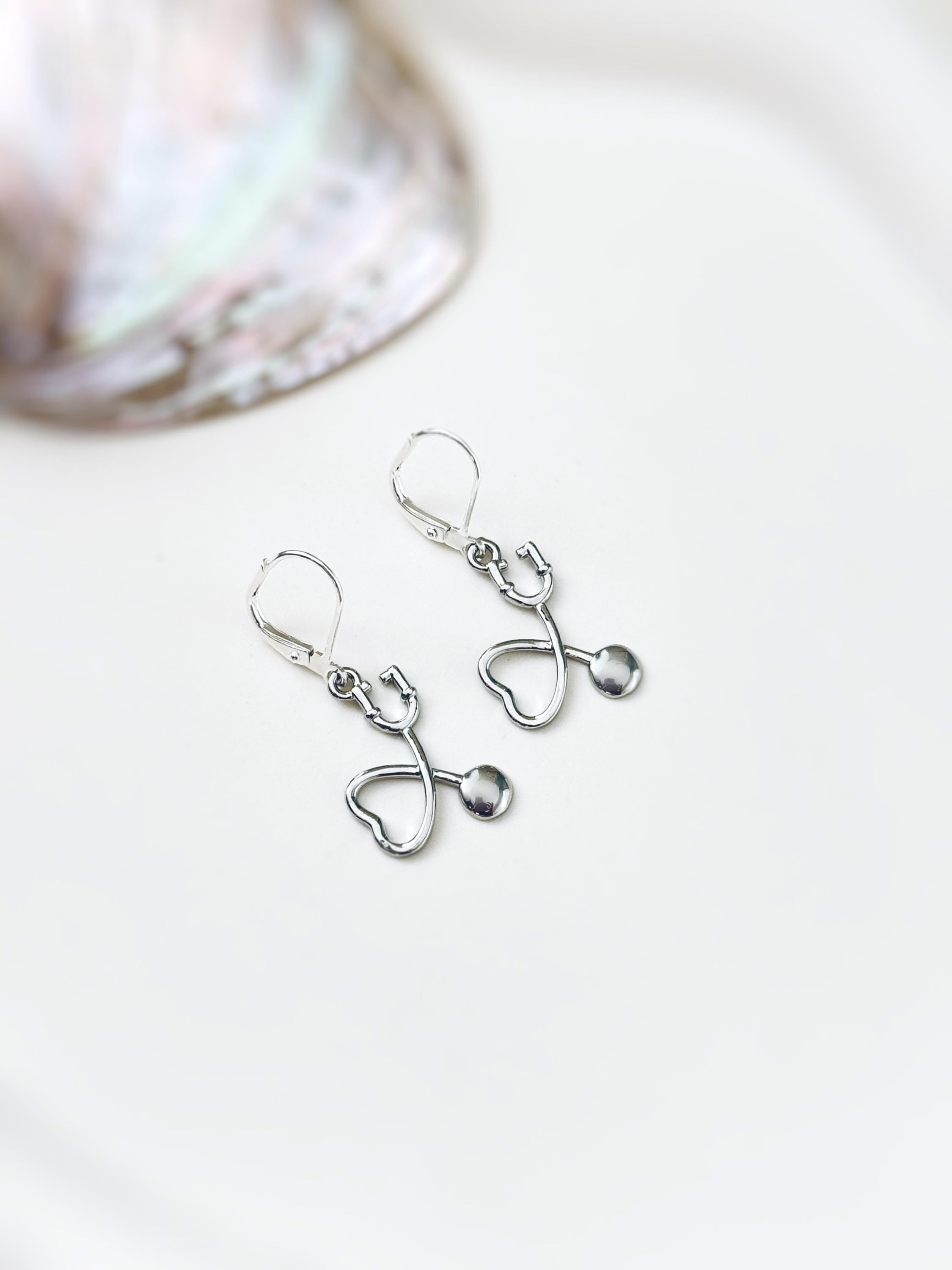 Stethoscope Earrings silver, gold heart unique nursing gift for medical school students graduation doctors rn nurse practitioners sister bff