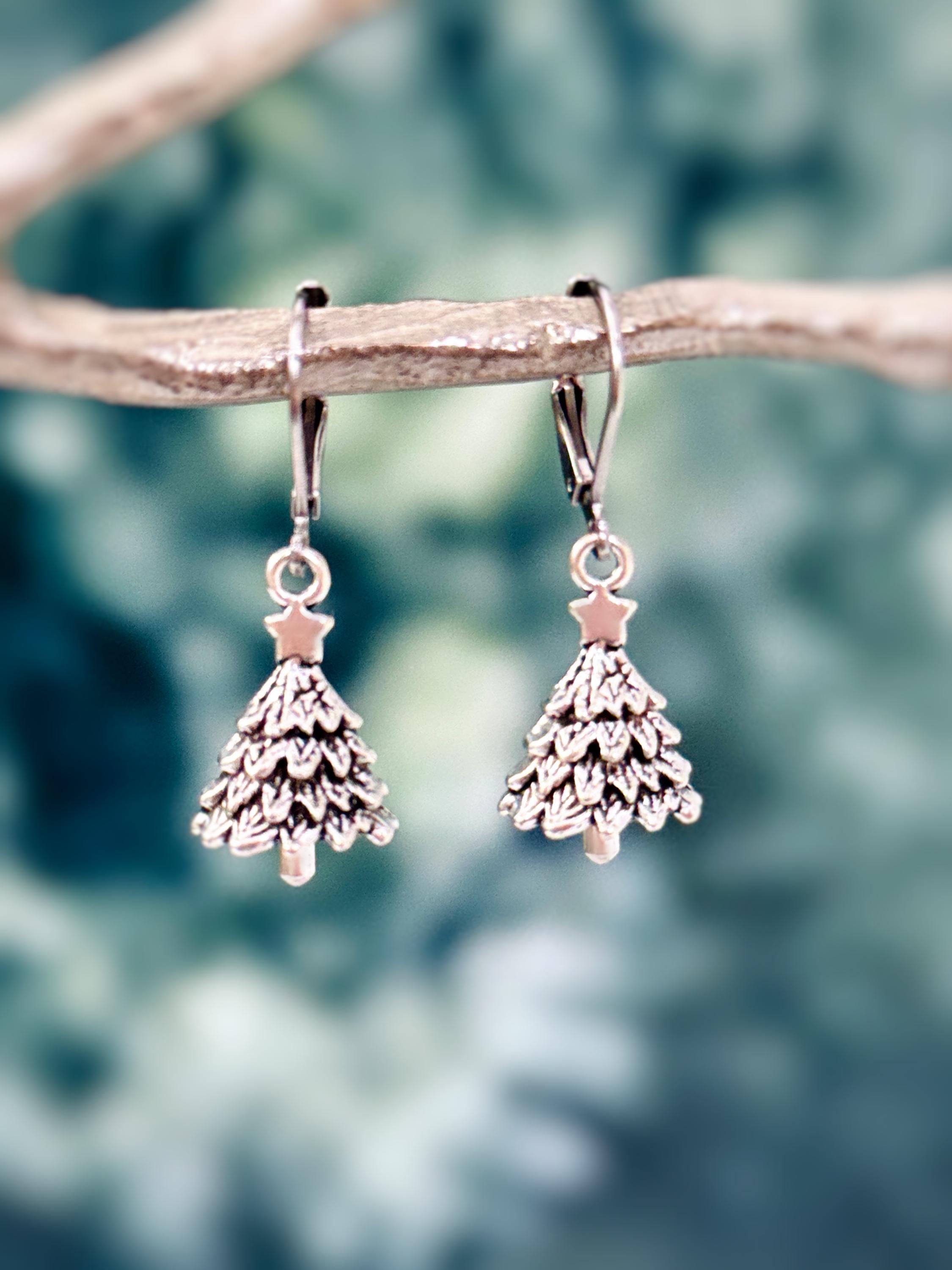 Christmas Tree Earrings dangle silver handmade winter pine tree holiday jewelry fun festive earrings for holiday party 925 sterling silver