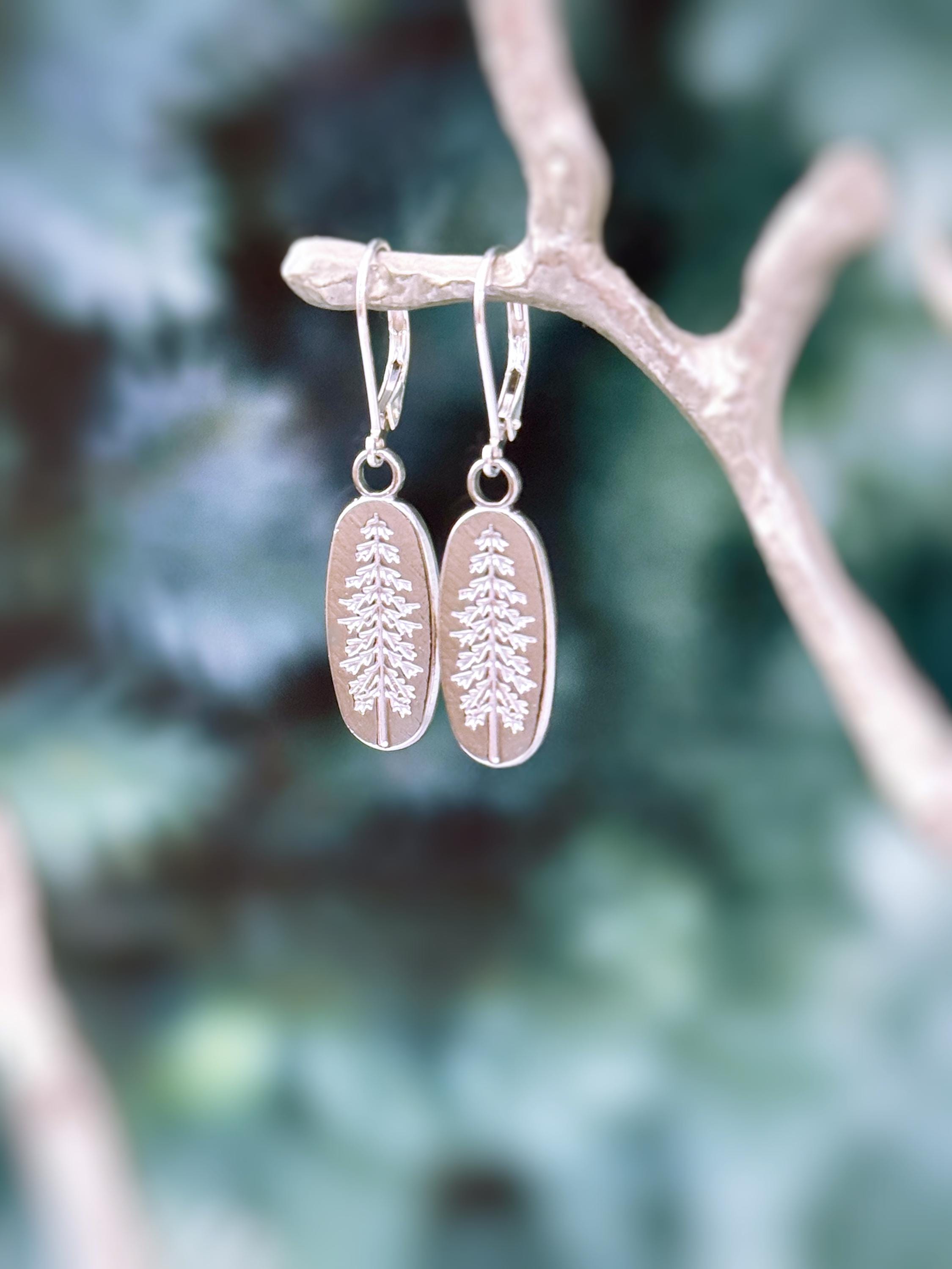 Silver Pine Tree Earrings dangle handmade jewelry gift for hikers and nature lovers minimalist winter pine tree jewelry for her