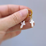 Dainty Mother of Pearl Cross Hoop Earrings Gold, Silver minimalist religious faith jewelry for women Christian baptism confirmation gift mom