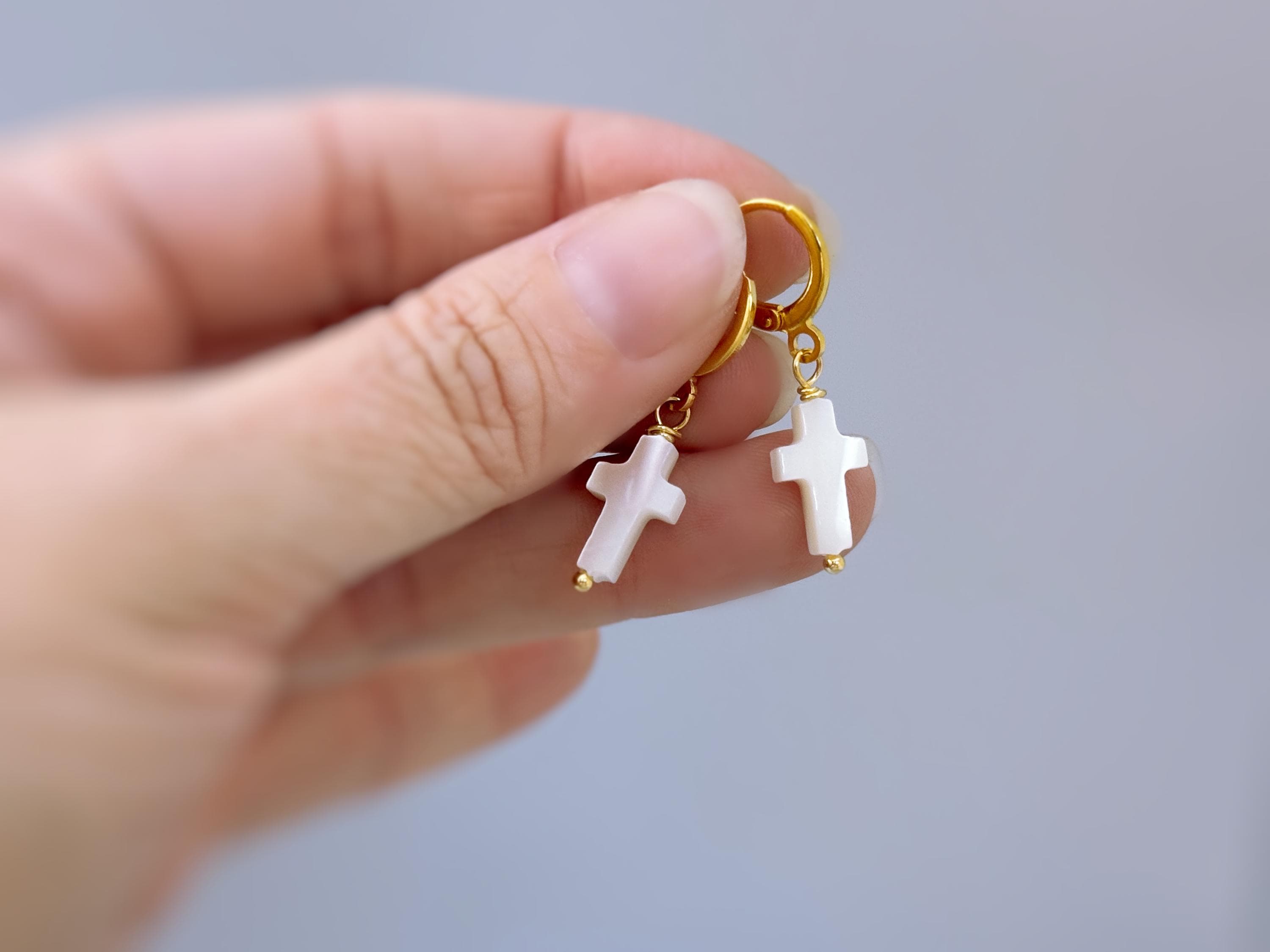 Dainty Mother of Pearl Cross Hoop Earrings Gold, Silver minimalist religious faith jewelry for women Christian baptism confirmation gift mom