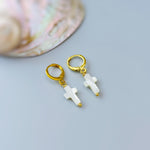 Dainty Mother of Pearl Cross Hoop Earrings Gold, Silver minimalist religious faith jewelry for women Christian baptism confirmation gift mom