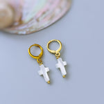 Dainty Mother of Pearl Cross Hoop Earrings Gold, Silver minimalist religious faith jewelry for women Christian baptism confirmation gift mom