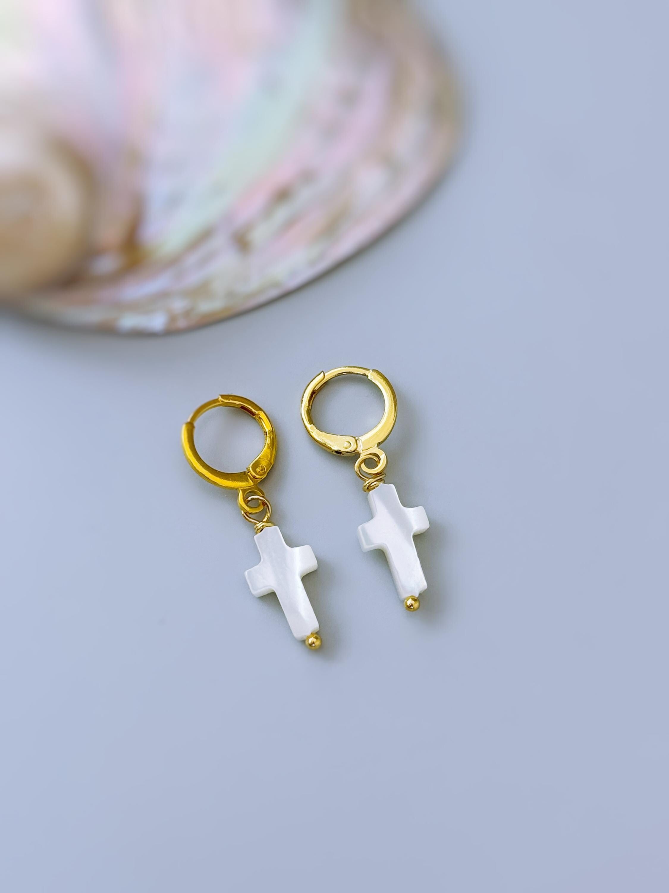 Dainty Mother of Pearl Cross Hoop Earrings Gold, Silver minimalist religious faith jewelry for women Christian baptism confirmation gift mom