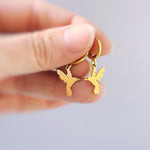 Dainty Hummingbird Earrings dangle Huggie Hoops gold, silver handmade nature jewelry unique gift for bird lovers watchers daughters sister