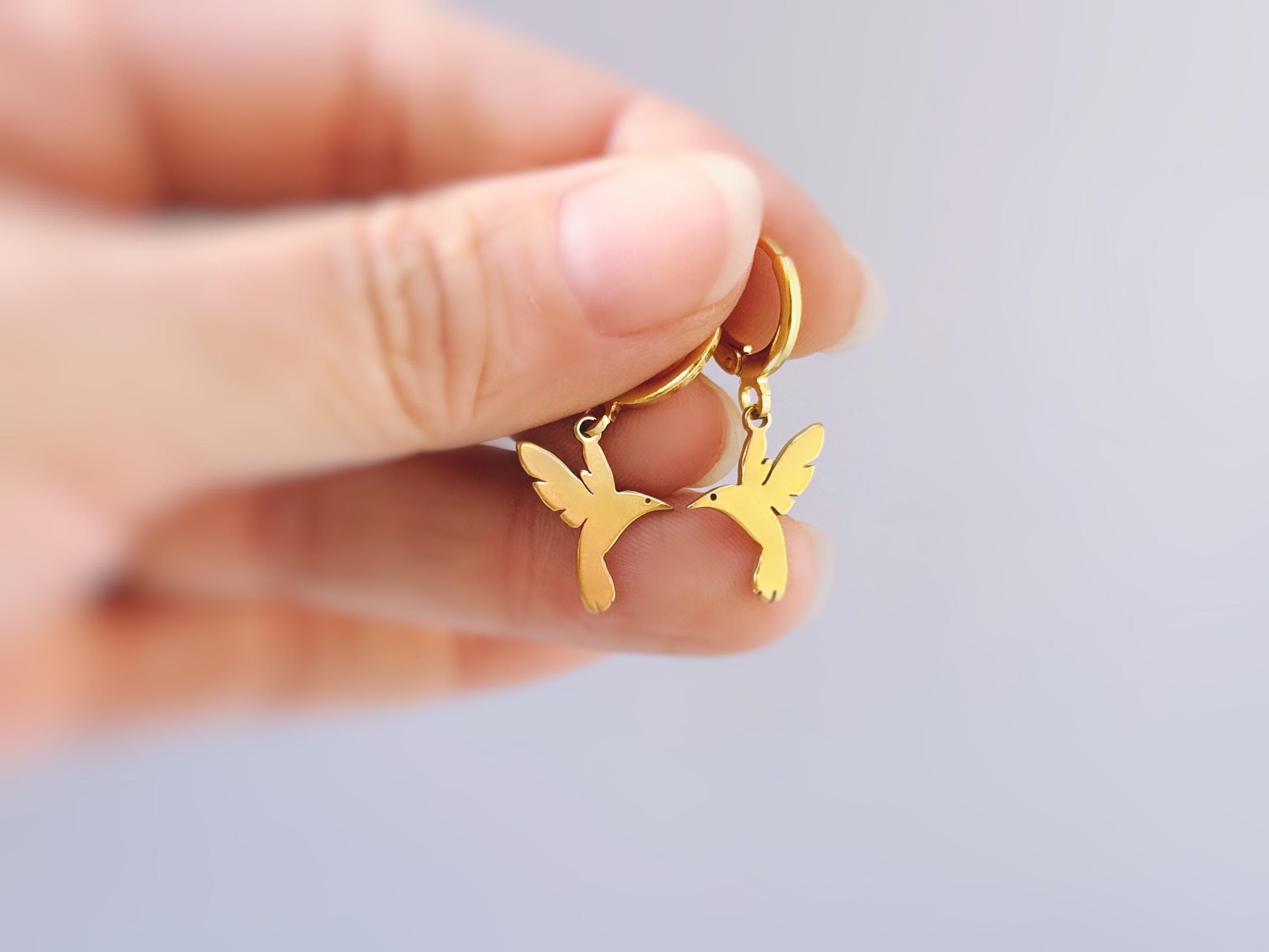 Dainty Hummingbird Earrings dangle Huggie Hoops gold, silver handmade nature jewelry unique gift for bird lovers watchers daughters sister