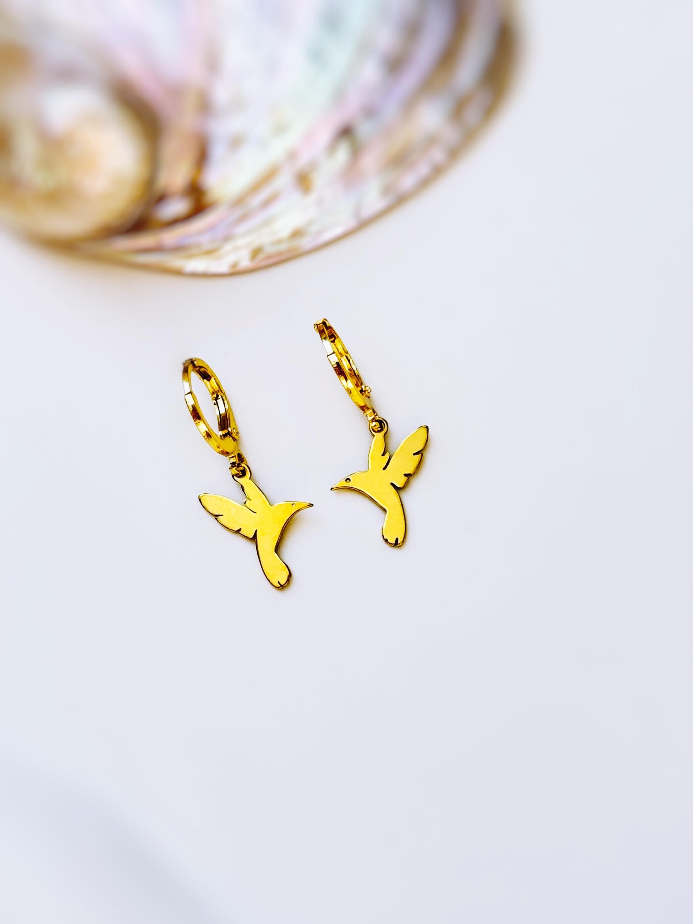 Dainty Hummingbird Earrings dangle Huggie Hoops gold, silver handmade nature jewelry unique gift for bird lovers watchers daughters sister