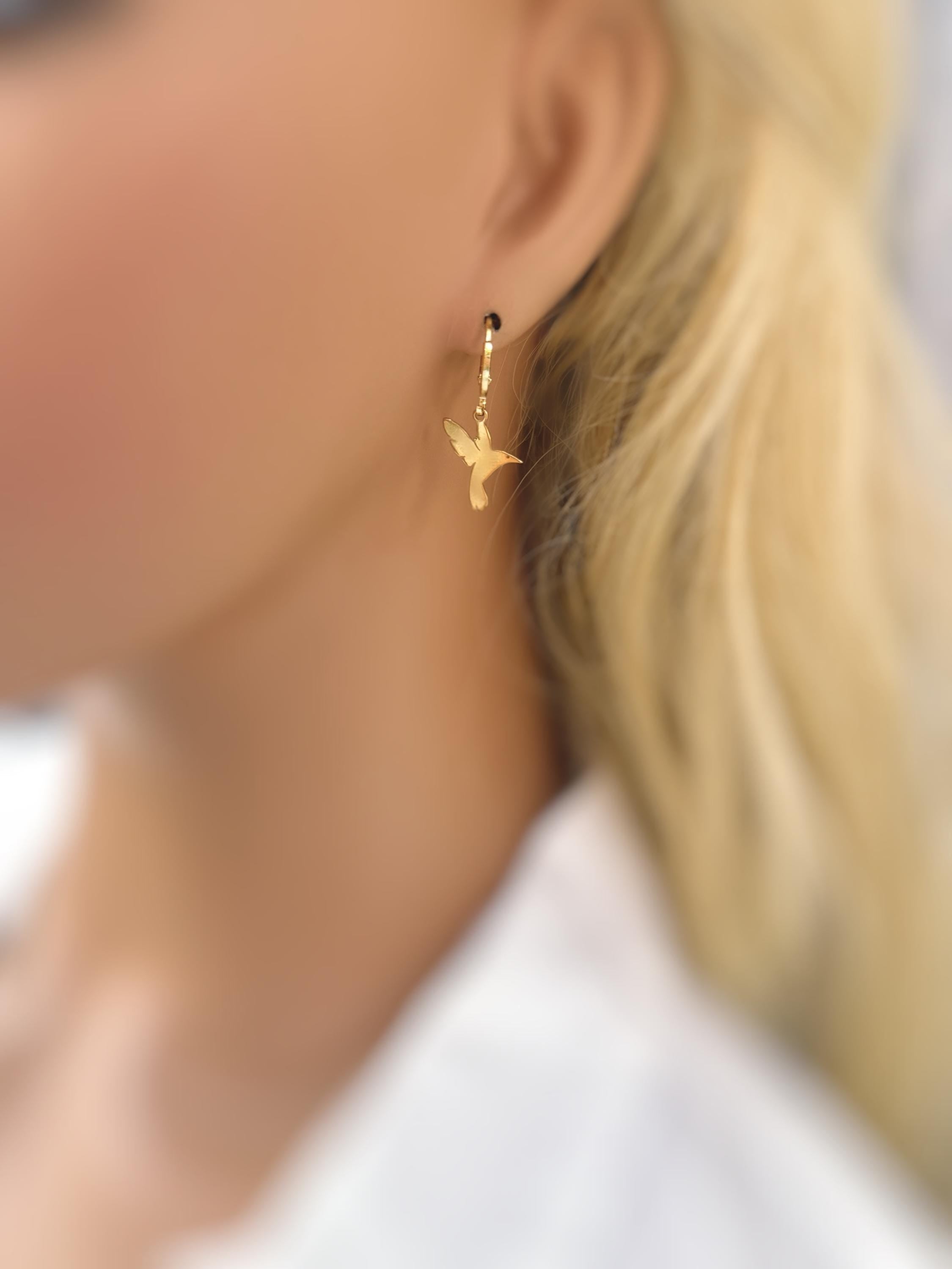 Dainty Hummingbird Earrings dangle Huggie Hoops gold, silver handmade nature jewelry unique gift for bird lovers watchers daughters sister