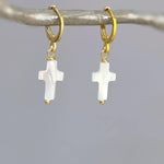 Dainty Mother of Pearl Cross Hoop Earrings Gold, Silver minimalist religious faith jewelry for women Christian baptism confirmation gift mom