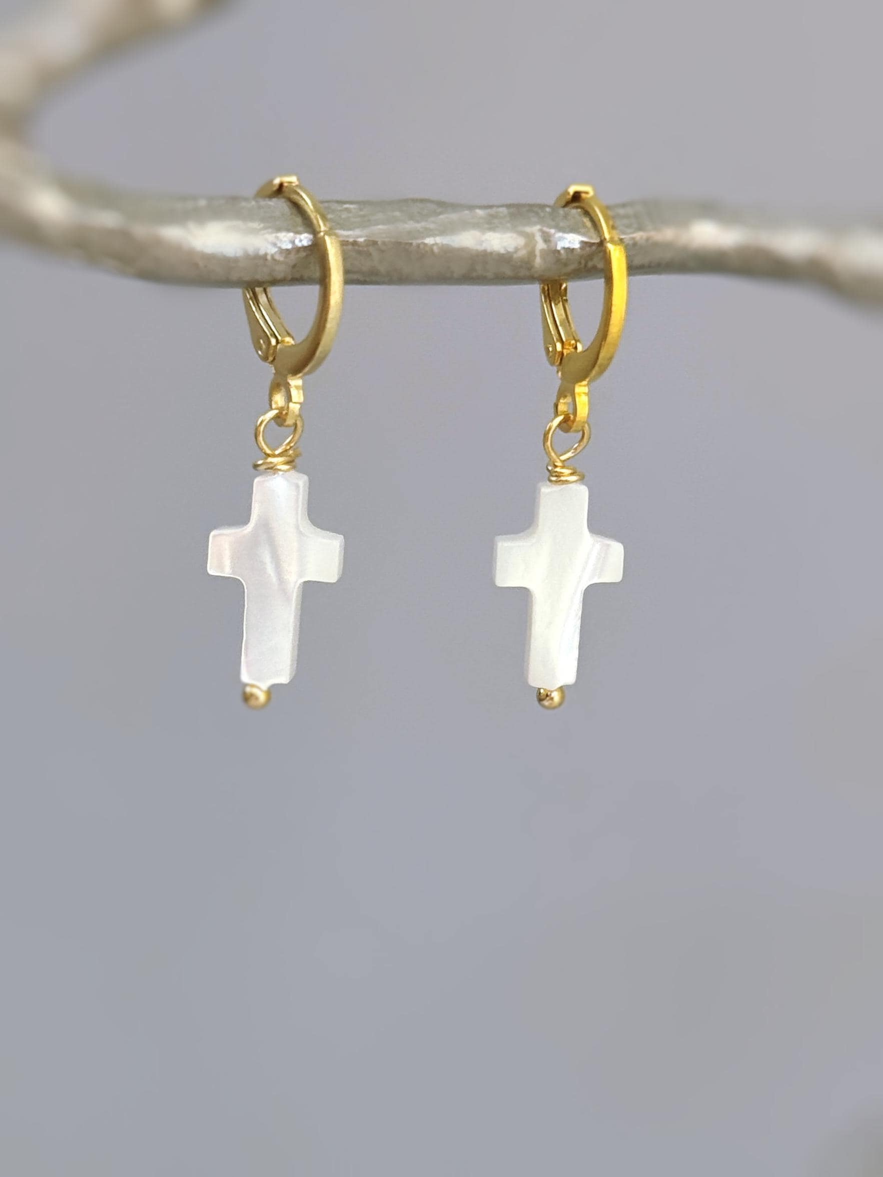 Dainty Mother of Pearl Cross Hoop Earrings Gold, Silver minimalist religious faith jewelry for women Christian baptism confirmation gift mom