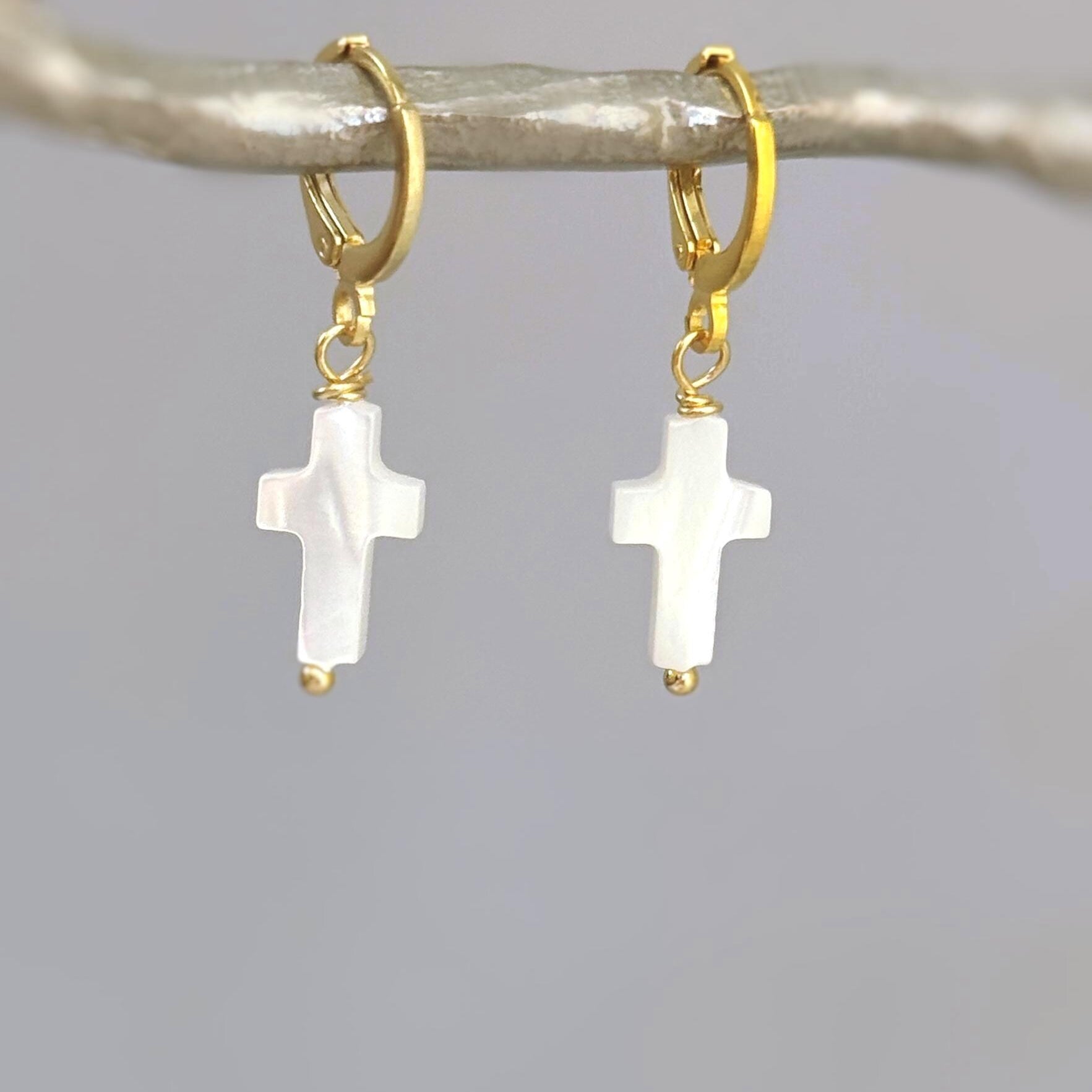 Dainty Mother of Pearl Cross Hoop Earrings Gold, Silver minimalist religious faith jewelry for women Christian baptism confirmation gift mom