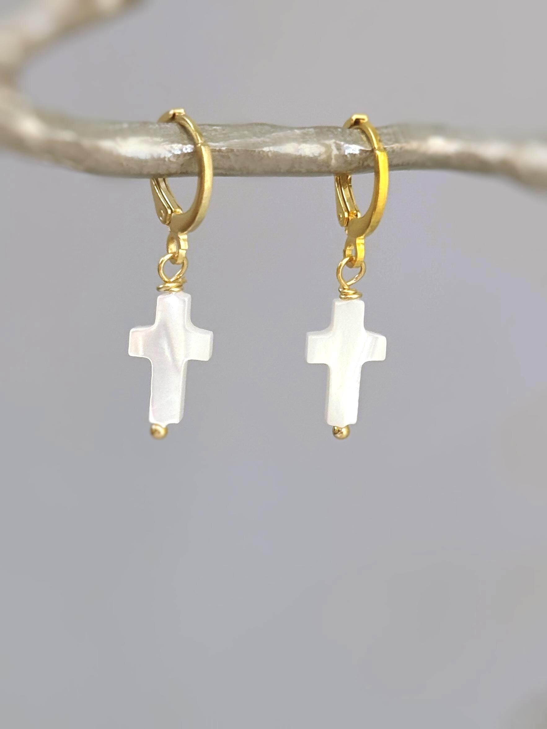 Dainty Mother of Pearl Cross Hoop Earrings Gold, Silver minimalist religious faith jewelry for women Christian baptism confirmation gift mom