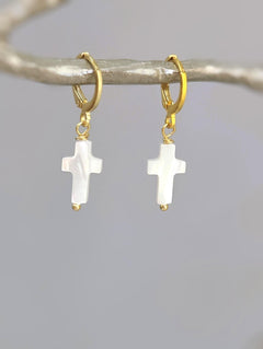 Dainty Mother of Pearl Cross Hoop Earrings Gold, Silver minimalist religious faith jewelry for women Christian baptism confirmation gift mom