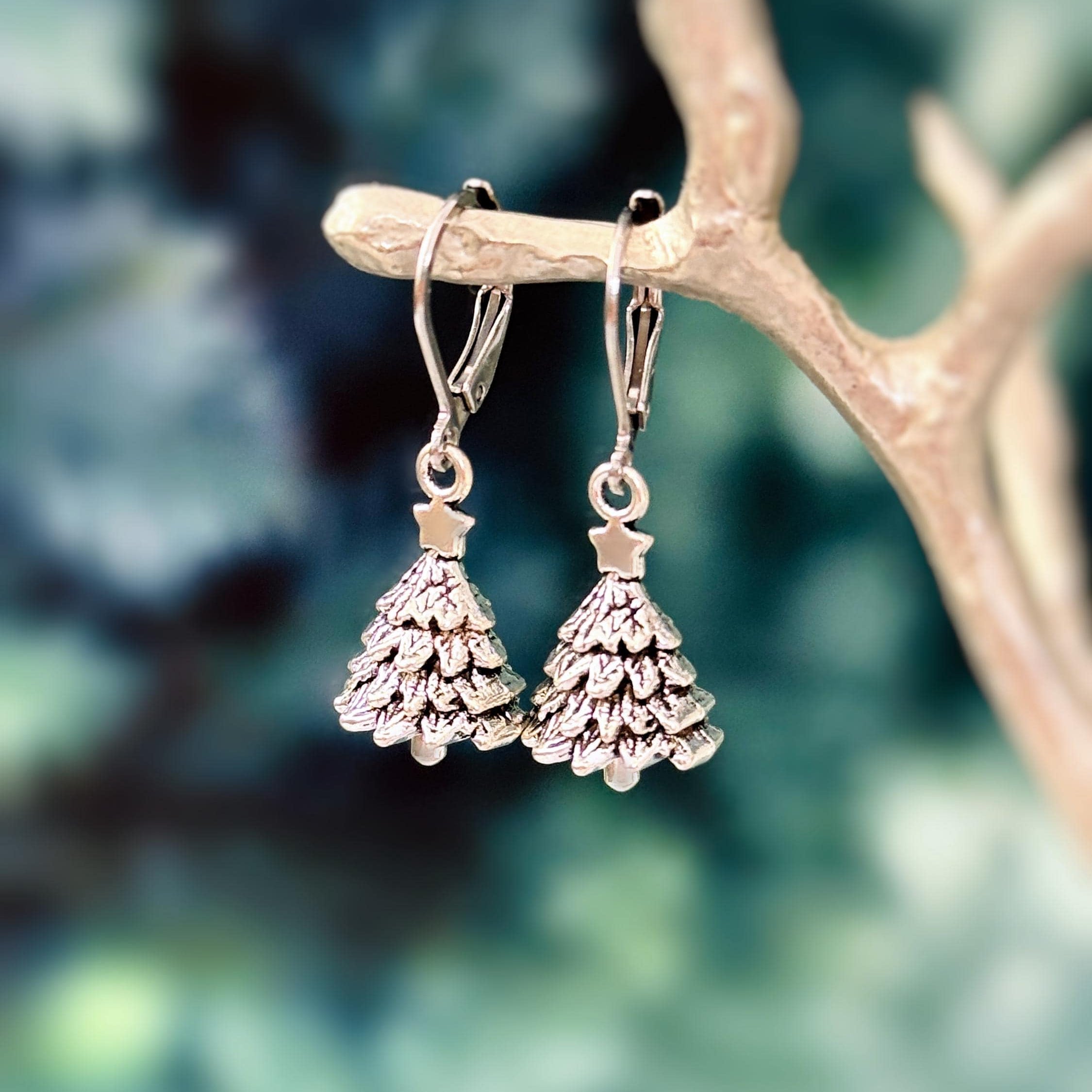 Christmas Tree Earrings dangle silver handmade winter pine tree holiday jewelry fun festive earrings for holiday party 925 sterling silver