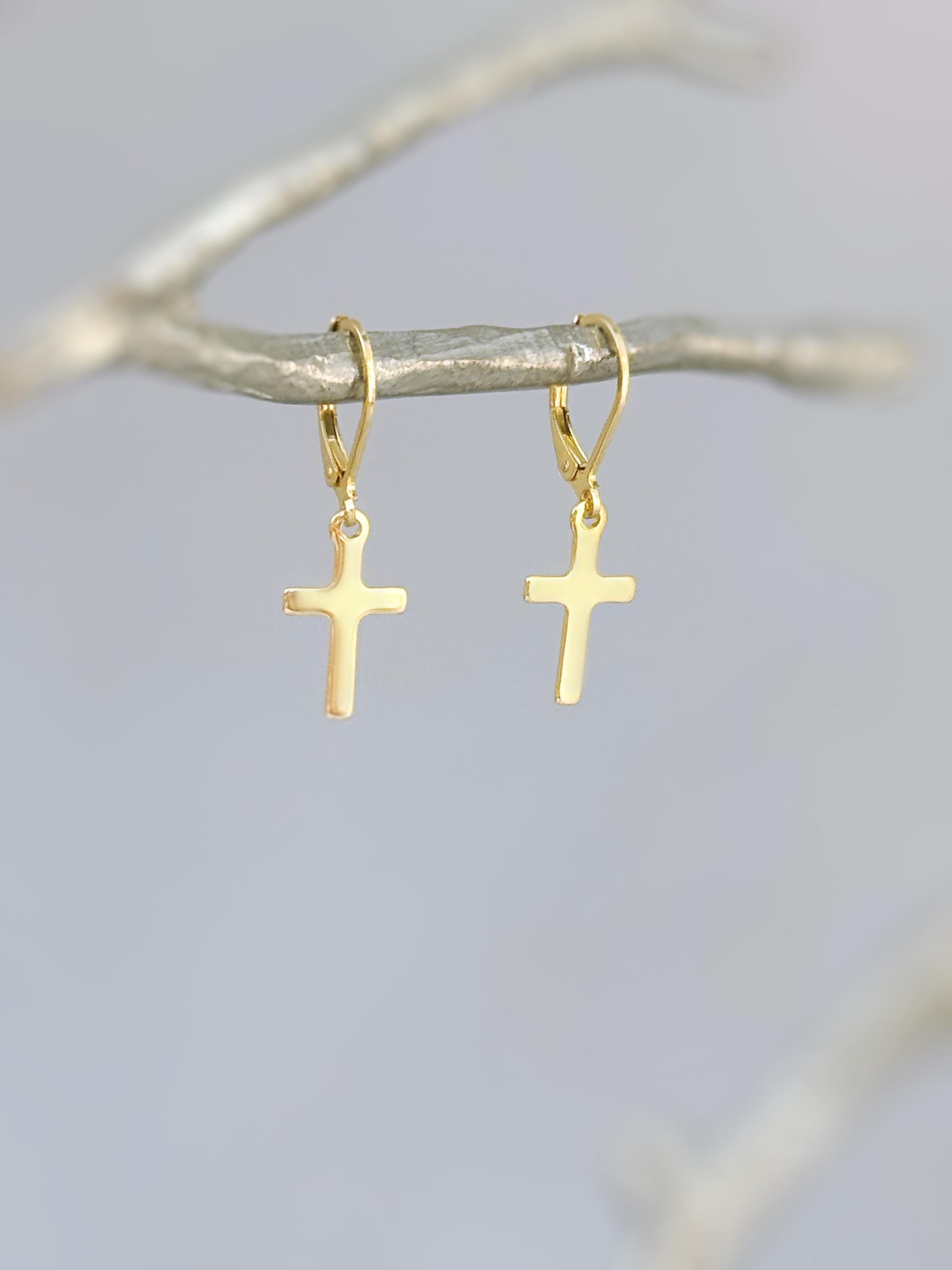 Dainty Gold Cross Earrings dangle sterling silver minimalist religious faith jewelry for women Christian communion confirmation gift for her