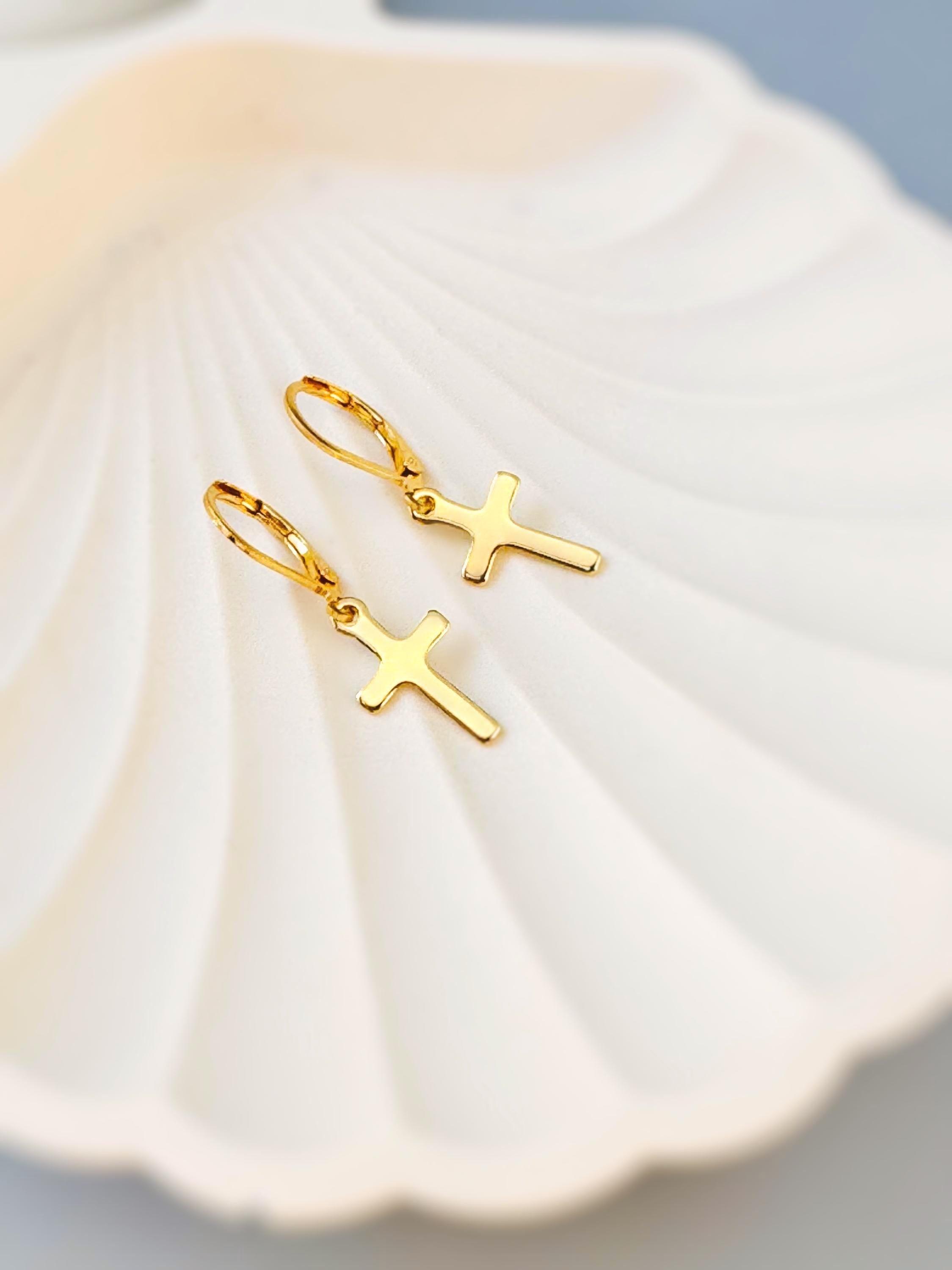 Dainty Gold Cross Earrings dangle 925 sterling silver minimalist religious faith jewelry for women Christian baptism communion confirmation gift mom
