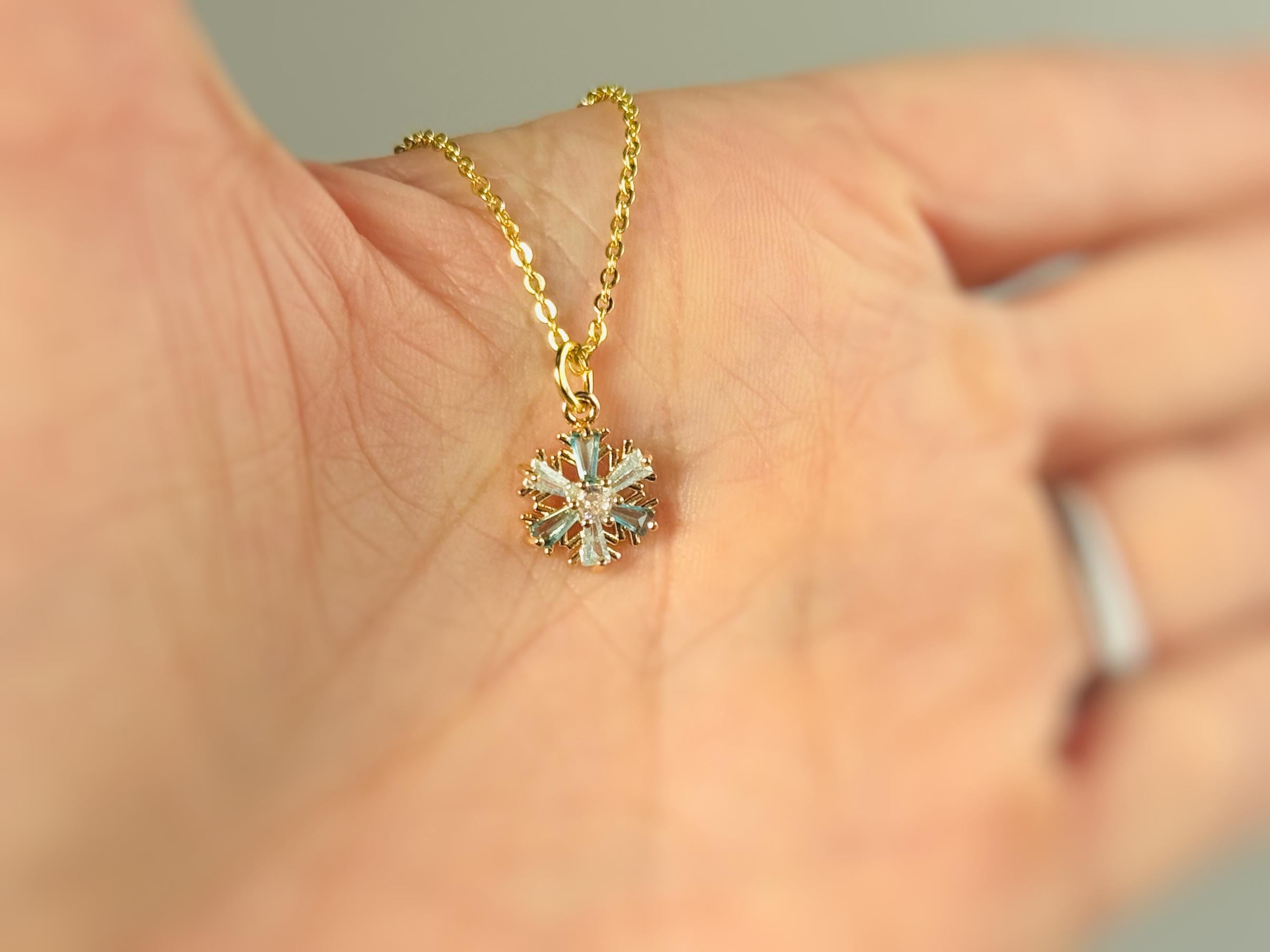 Dainty Blue and Gold Crystal Snowflake Necklace handmade winter party jewelry festive sparkling zirconia necklace for holiday parties