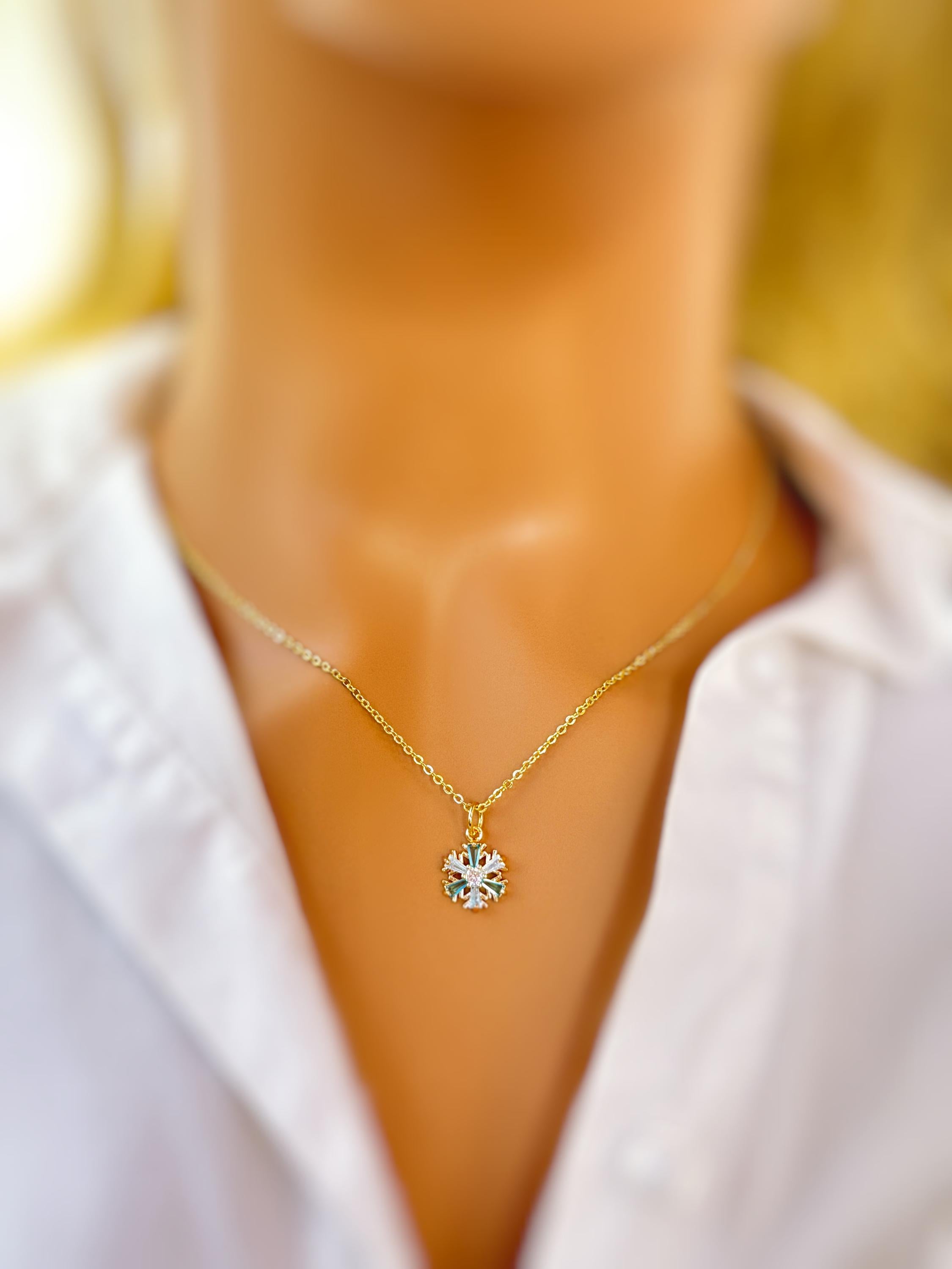 Dainty Blue and Gold Crystal Snowflake Necklace handmade winter party jewelry festive sparkling zirconia necklace for holiday parties