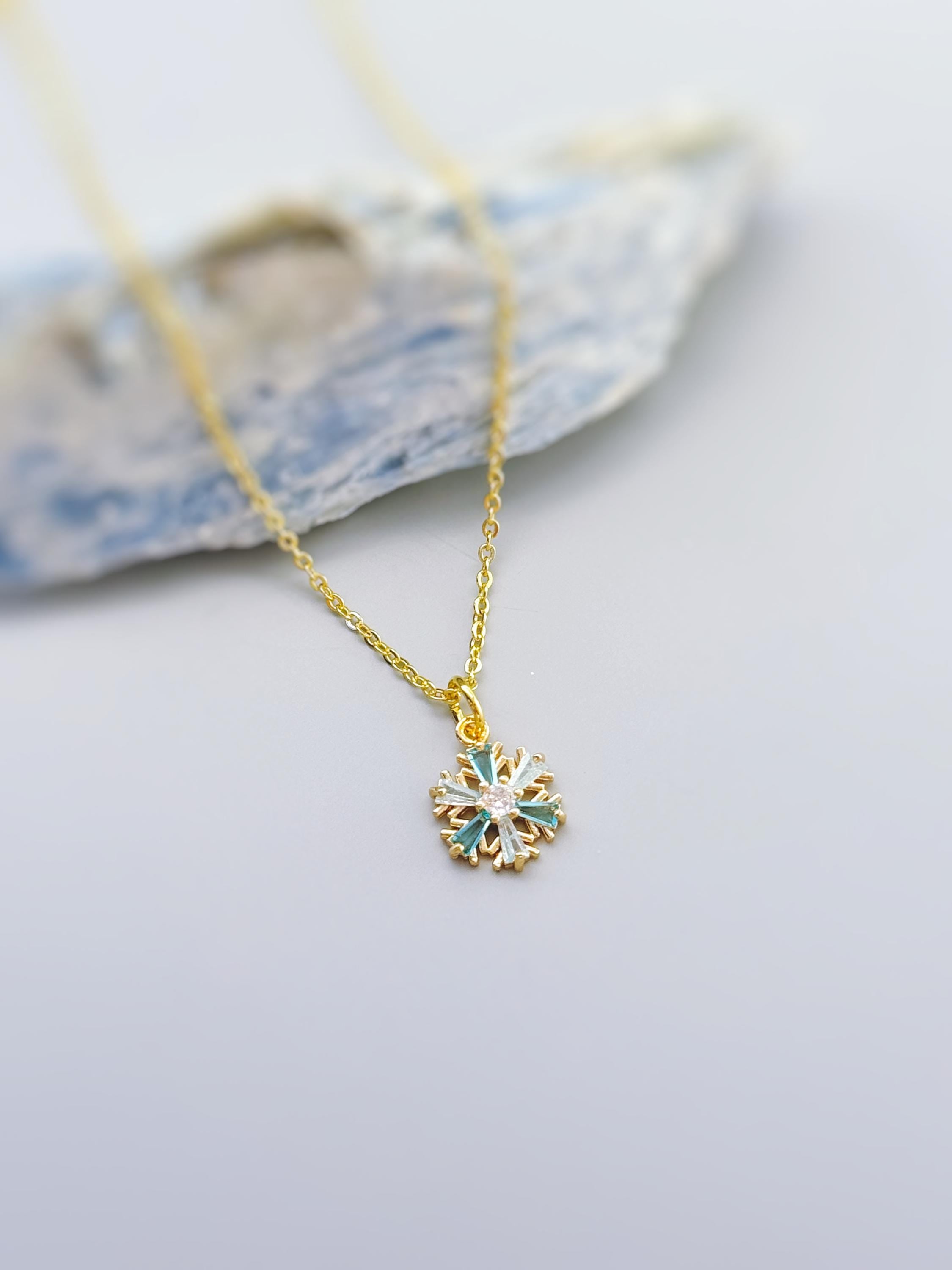 Dainty Blue and Gold Crystal Snowflake Necklace handmade winter party jewelry festive sparkling zirconia necklace for holiday parties