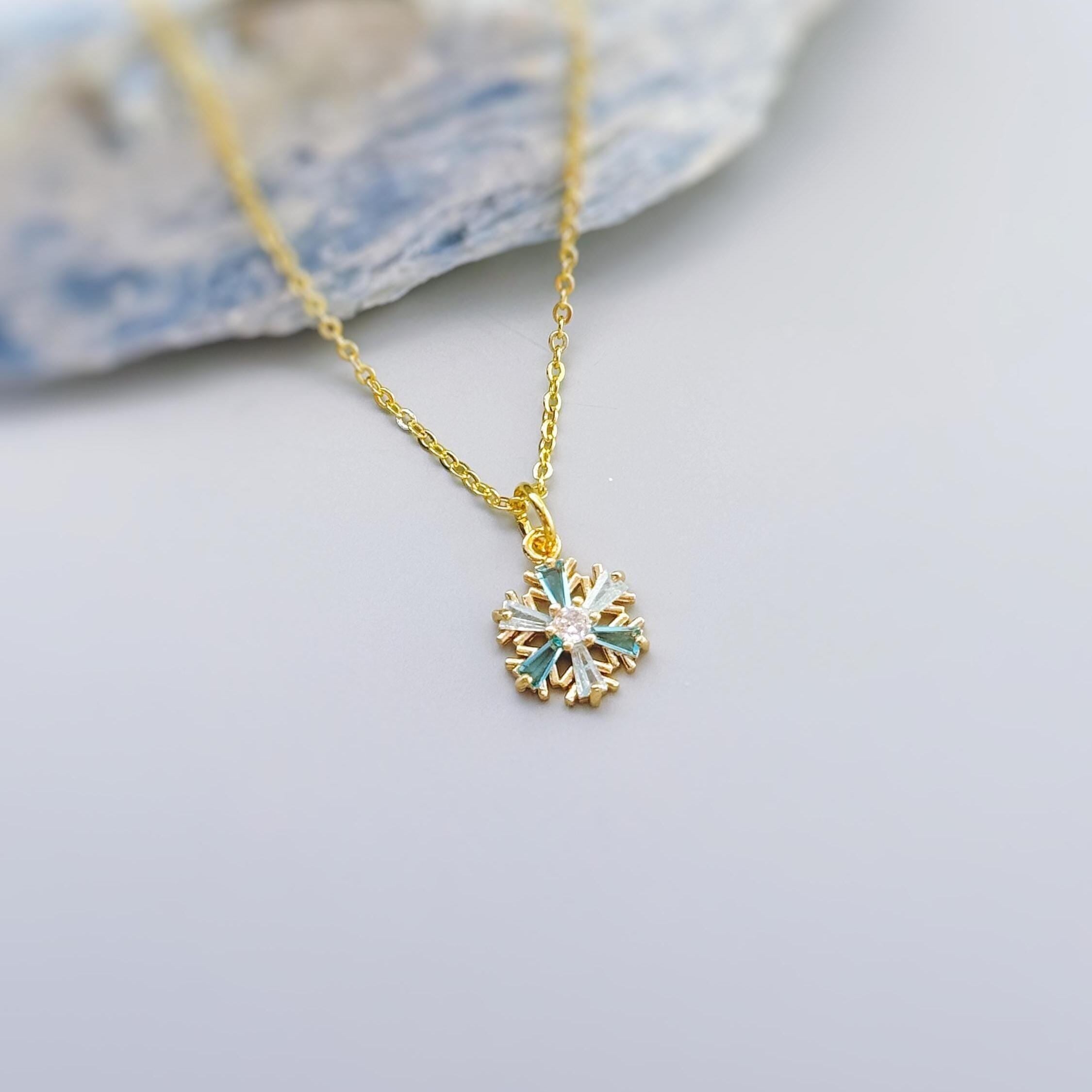 Dainty Blue and Gold Crystal Snowflake Necklace handmade winter party jewelry festive sparkling zirconia necklace for holiday parties