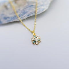 Dainty Blue and Gold Crystal Snowflake Necklace handmade winter party jewelry festive sparkling zirconia necklace for holiday parties