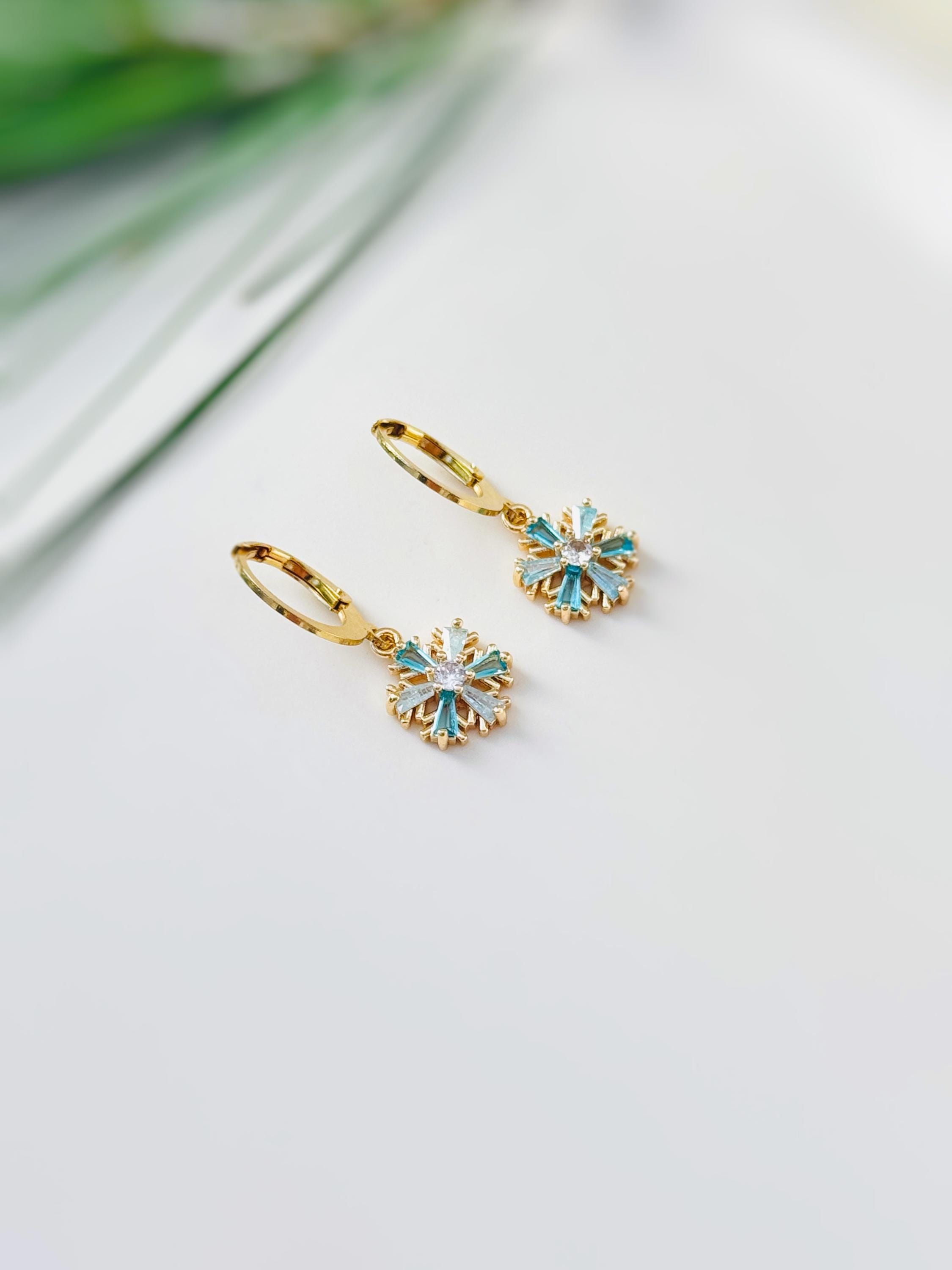 Elegant Gold Hoop Snowflake Earrings dangle handmade blue crystal winter Christmas jewelry for holiday parties festive sparkling earrings