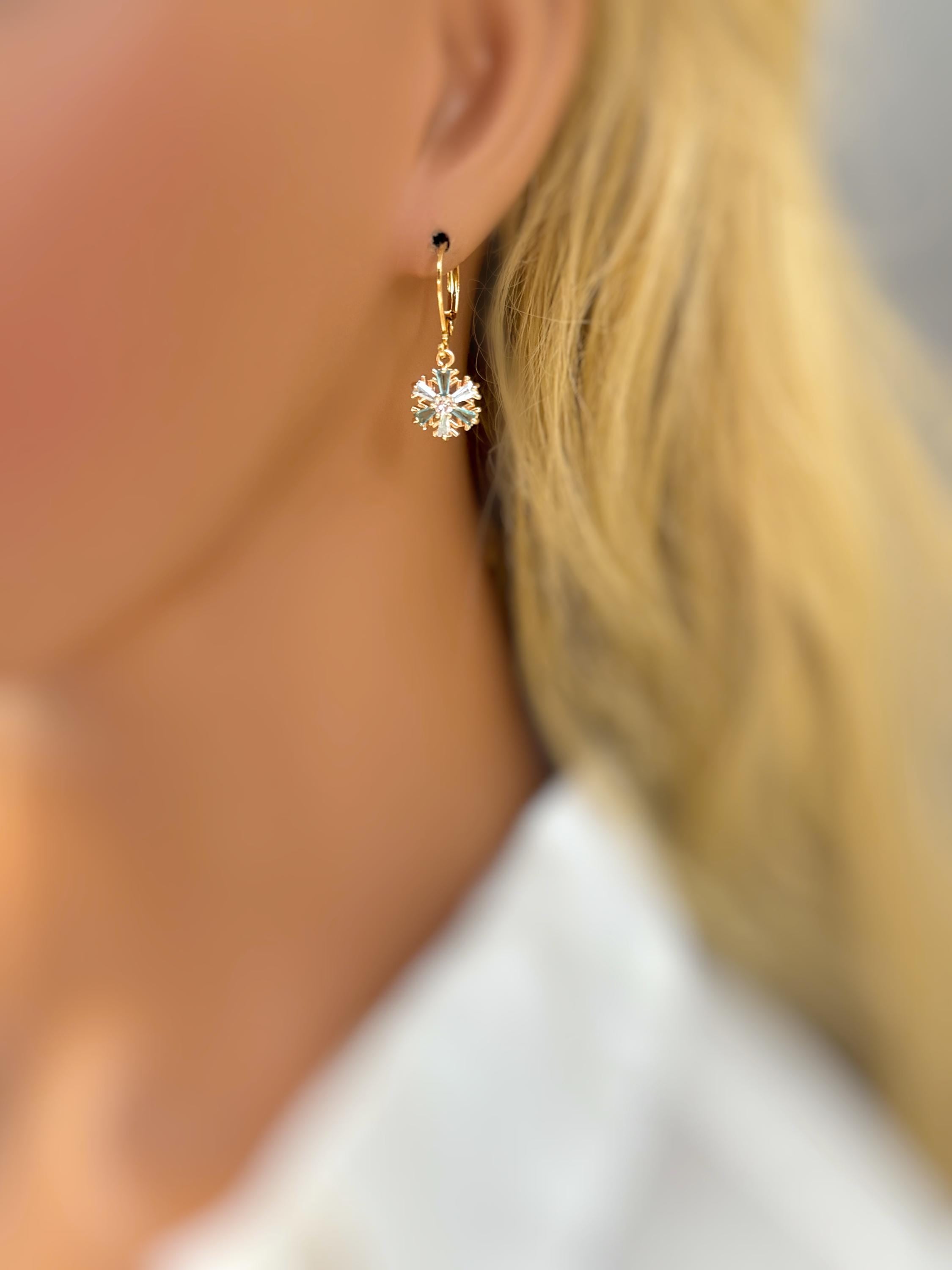 Elegant Gold Hoop Snowflake Earrings dangle handmade blue crystal winter Christmas jewelry for holiday parties festive sparkling earrings