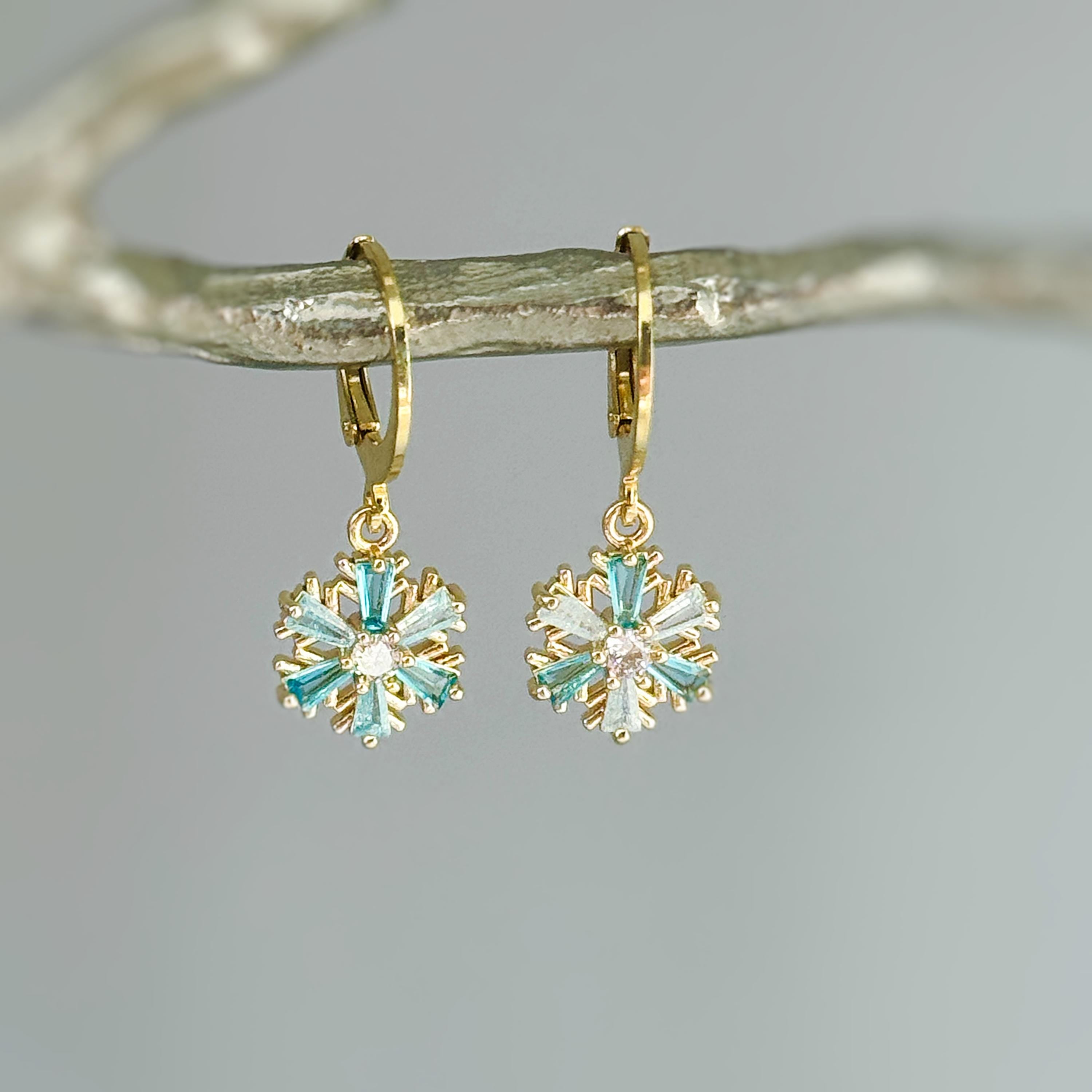Elegant Gold Hoop Snowflake Earrings dangle handmade blue crystal winter Christmas jewelry for holiday parties festive sparkling earrings