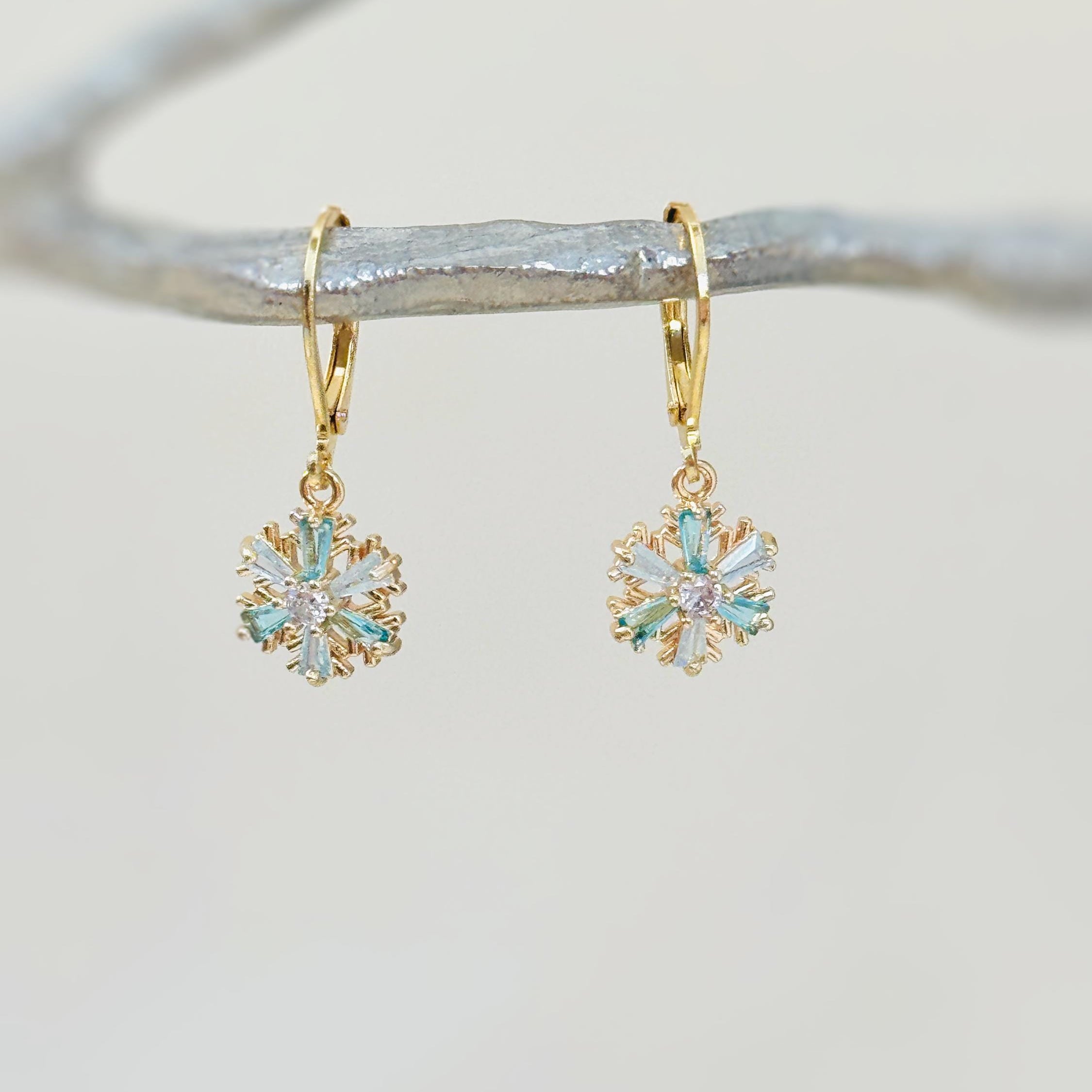 Elegant Gold Hoop Snowflake Earrings dangle handmade blue crystal winter Christmas jewelry for holiday parties festive sparkling earrings