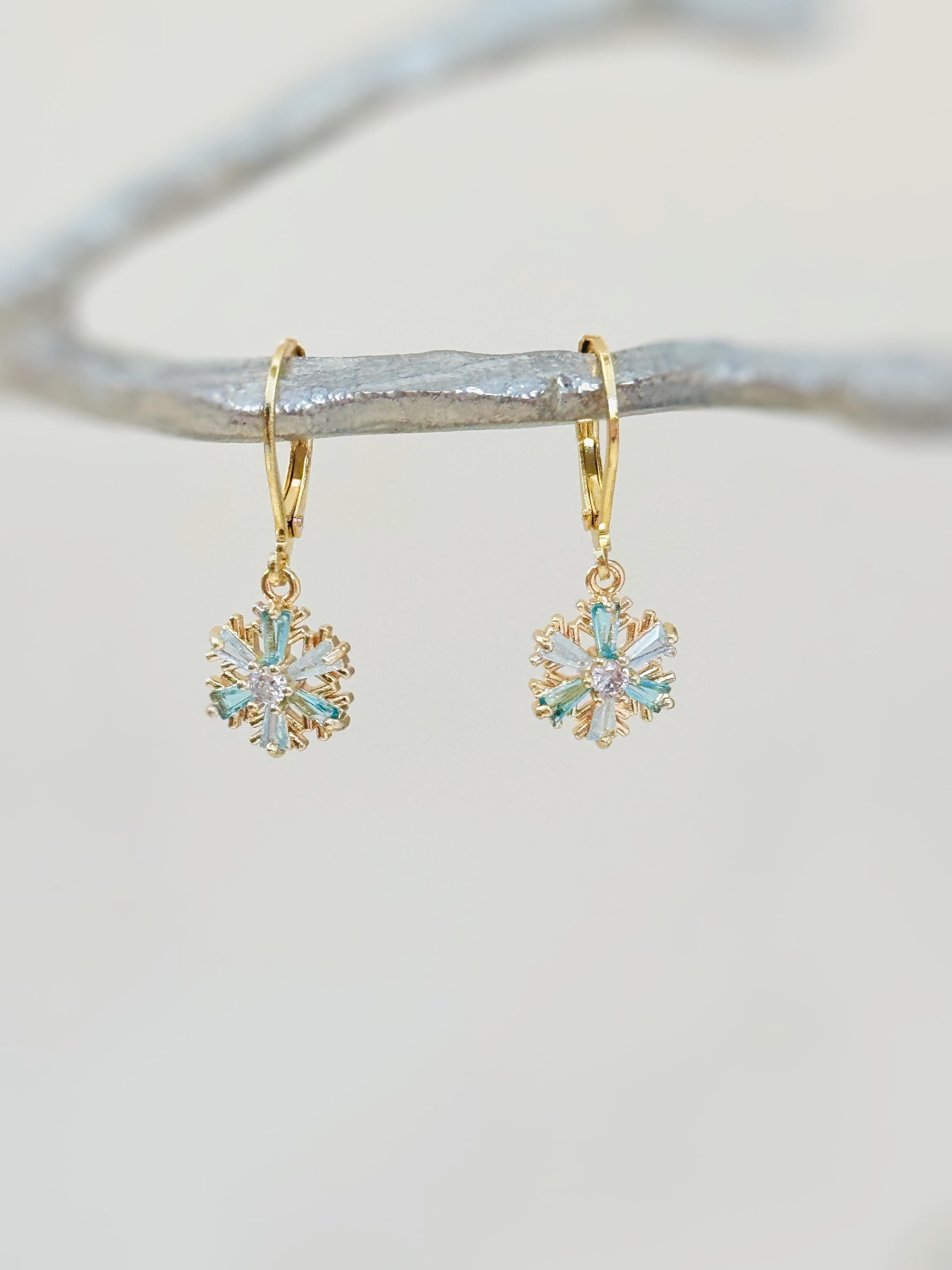 Elegant Gold Hoop Snowflake Earrings dangle handmade blue crystal winter Christmas jewelry for holiday parties festive sparkling earrings