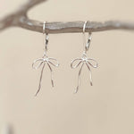 Sterling Silver Ribbon Bow Earrings dangle romantic gift for girlfriend wife handmade jewelry for women long leverback bowknot charms