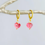 Dainty Pink Tourmaline Heart Earrings Gold Huggie Hoops Dangle charms Silver, Rose Gold romantic birthday gift girlfriend wife sister mom