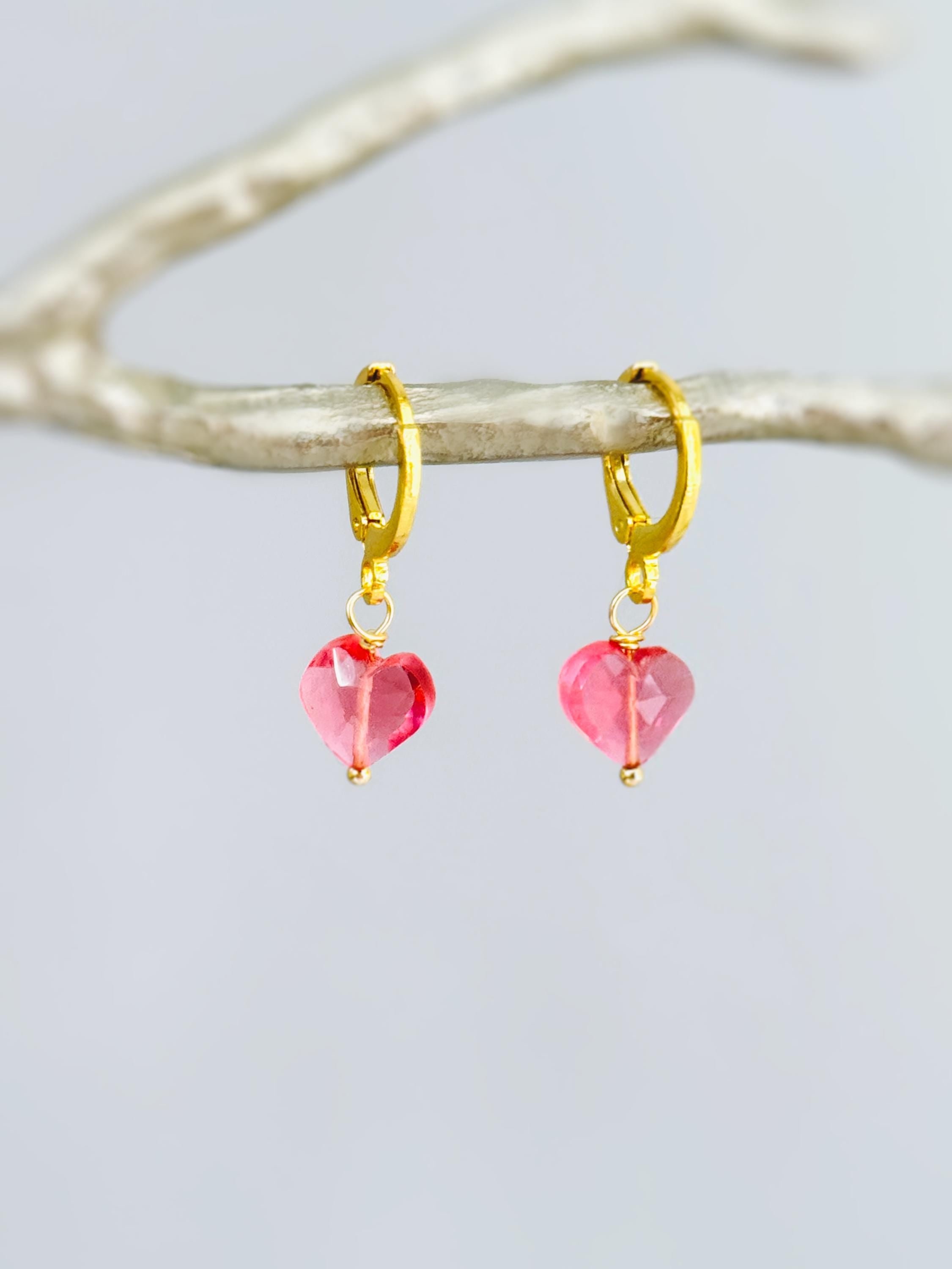 Dainty Pink Tourmaline Heart Earrings Gold Huggie Hoops Dangle charms Silver, Rose Gold romantic birthday gift girlfriend wife sister mom