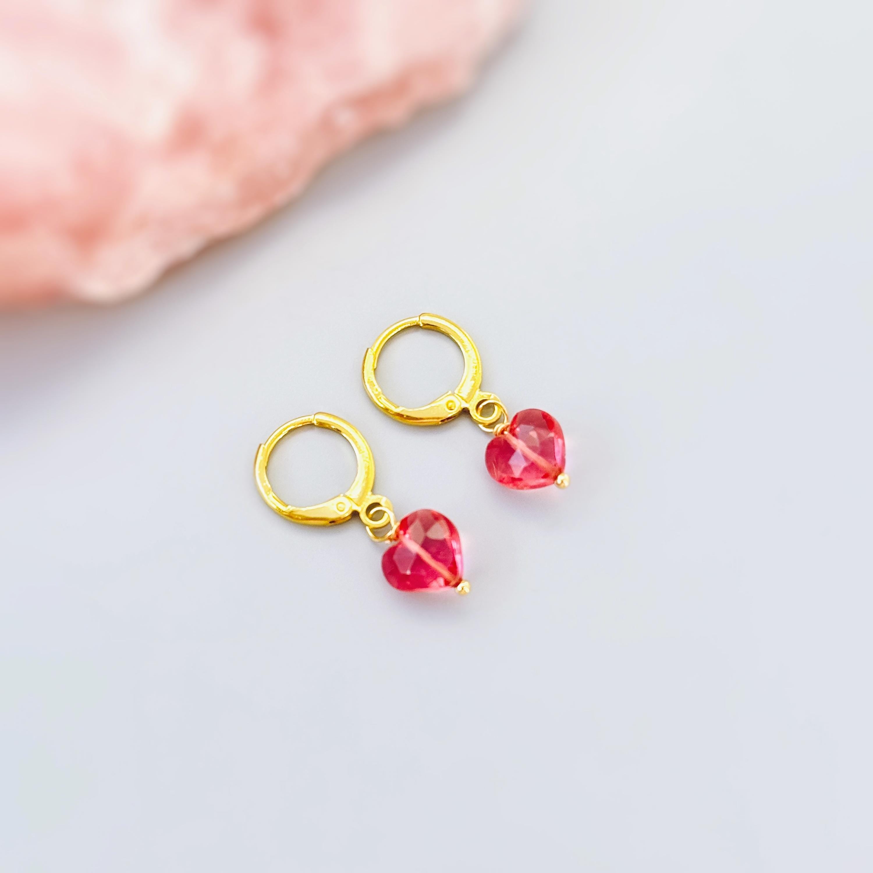 Dainty Pink Tourmaline Heart Earrings Gold Huggie Hoops Dangle charms Silver, Rose Gold romantic birthday gift girlfriend wife sister mom