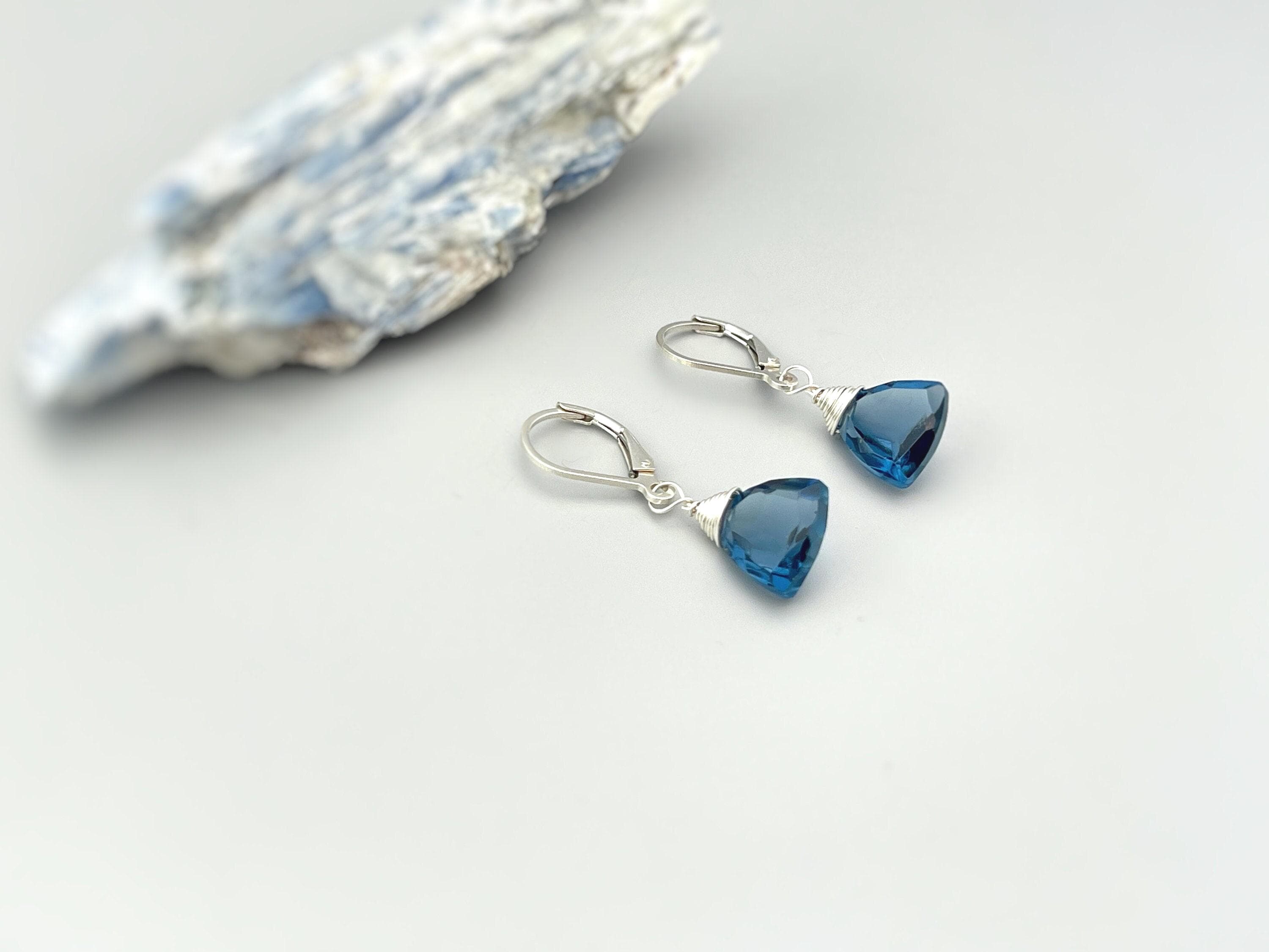 Dainty London Blue Topaz Earrings dangly sterling silver 14k gold boho dangle Quartz gemstone handmade jewelry for women November Birthstone