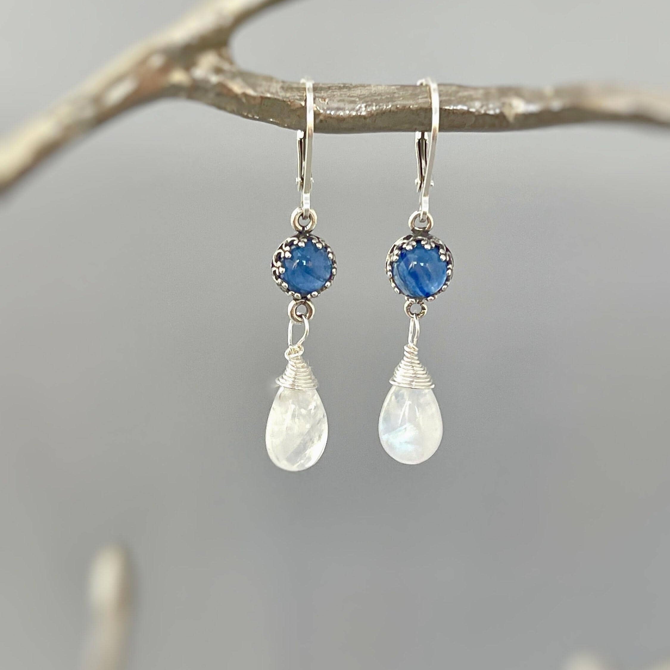 Blue Kyanite and Moonstone Earrings Dangle Handmade Sterling Silver birthstone jewelry for women  gemstone earrings gift for wife, mom