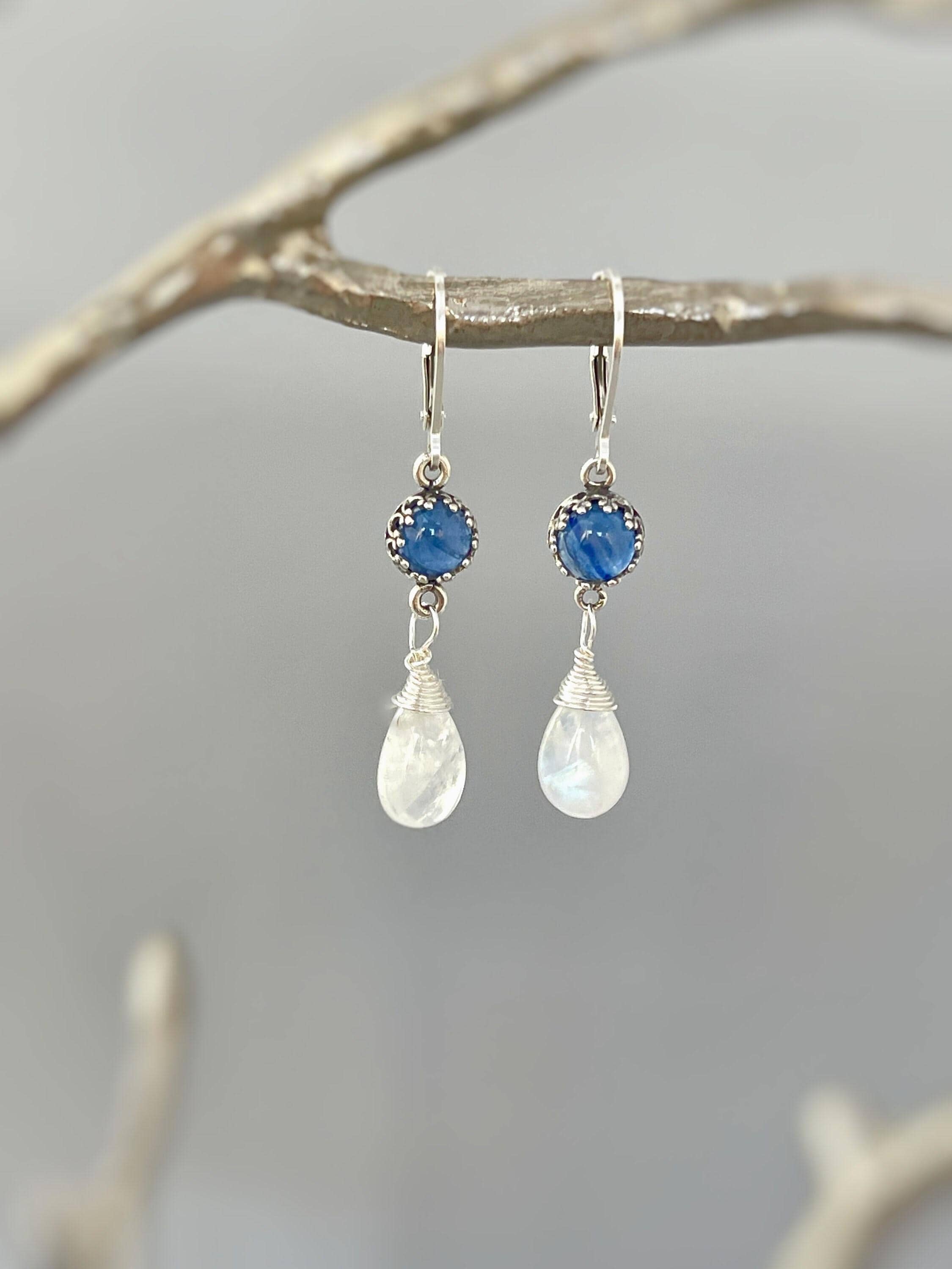 Blue Kyanite and Moonstone Earrings Dangle Handmade Sterling Silver birthstone jewelry for women  gemstone earrings gift for wife, mom