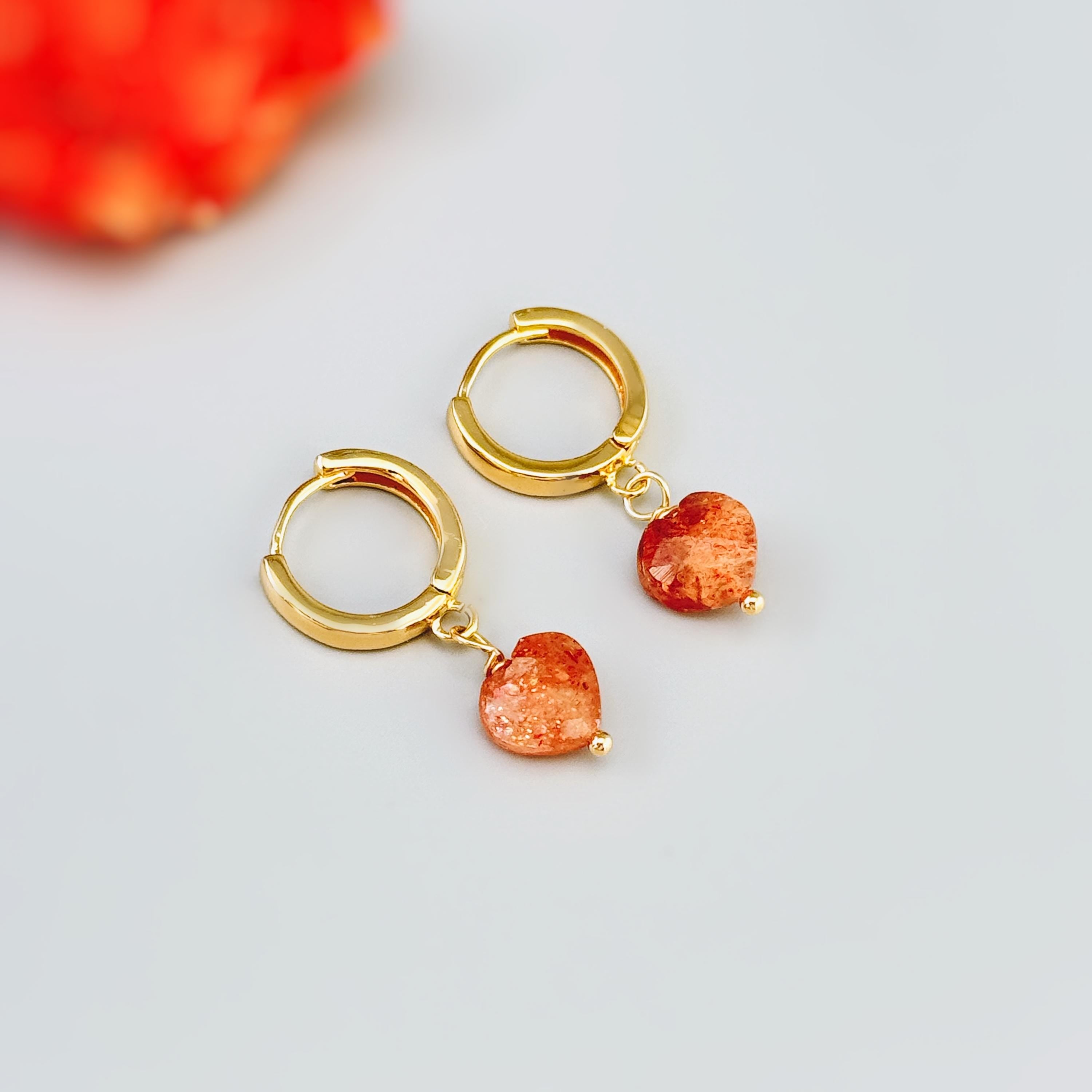 Sunstone Heart Earrings Gold Huggie Hoops Dangle charms Oregon Orange gemstone romantic birthday gift girlfriend wife sister daughter mom