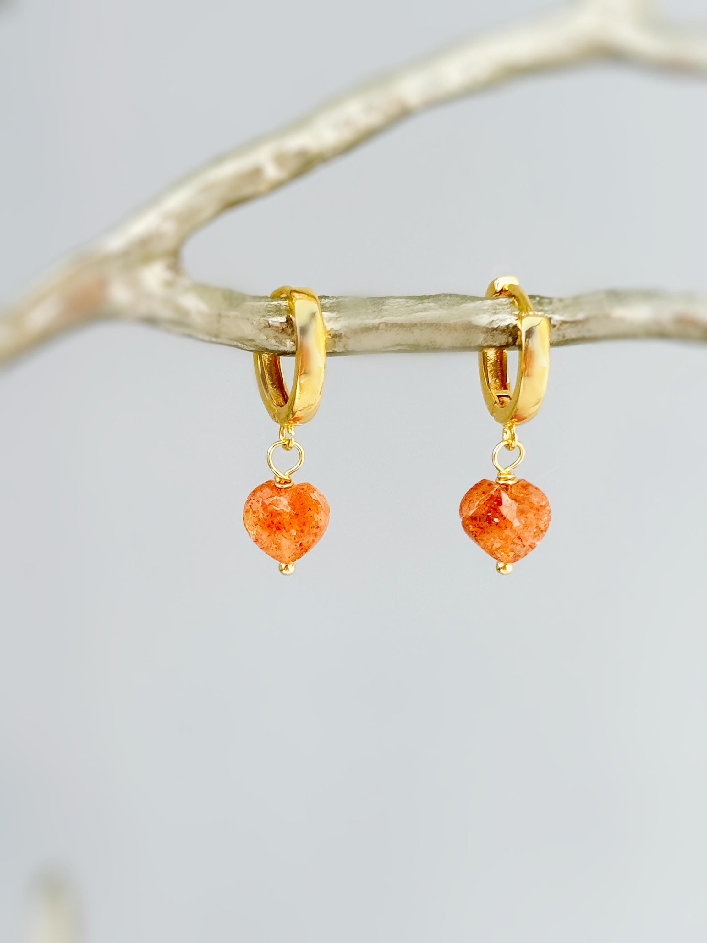 Sunstone Heart Earrings Gold Huggie Hoops Dangle charms Oregon Orange gemstone romantic birthday gift girlfriend wife sister daughter mom