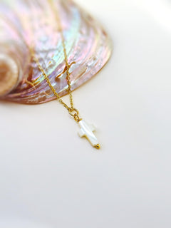 Dainty Mother of Pearl Cross Necklace 14k gold, sterling silver Catholic jewelry Christian faith necklace communion religious gift for her
