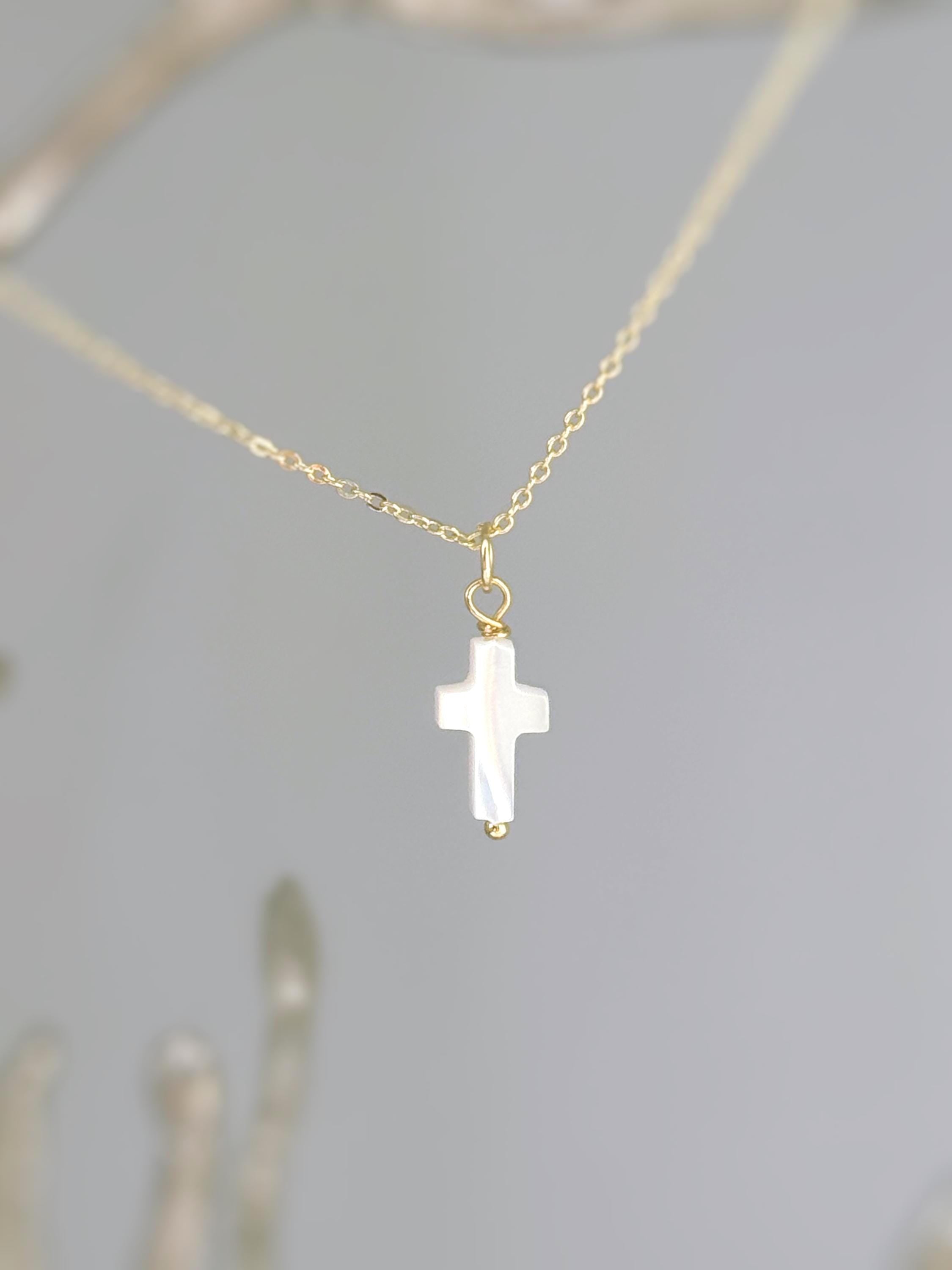 Dainty Mother of Pearl Cross Necklace 14k gold, sterling silver Catholic jewelry Christian faith necklace communion religious gift for her