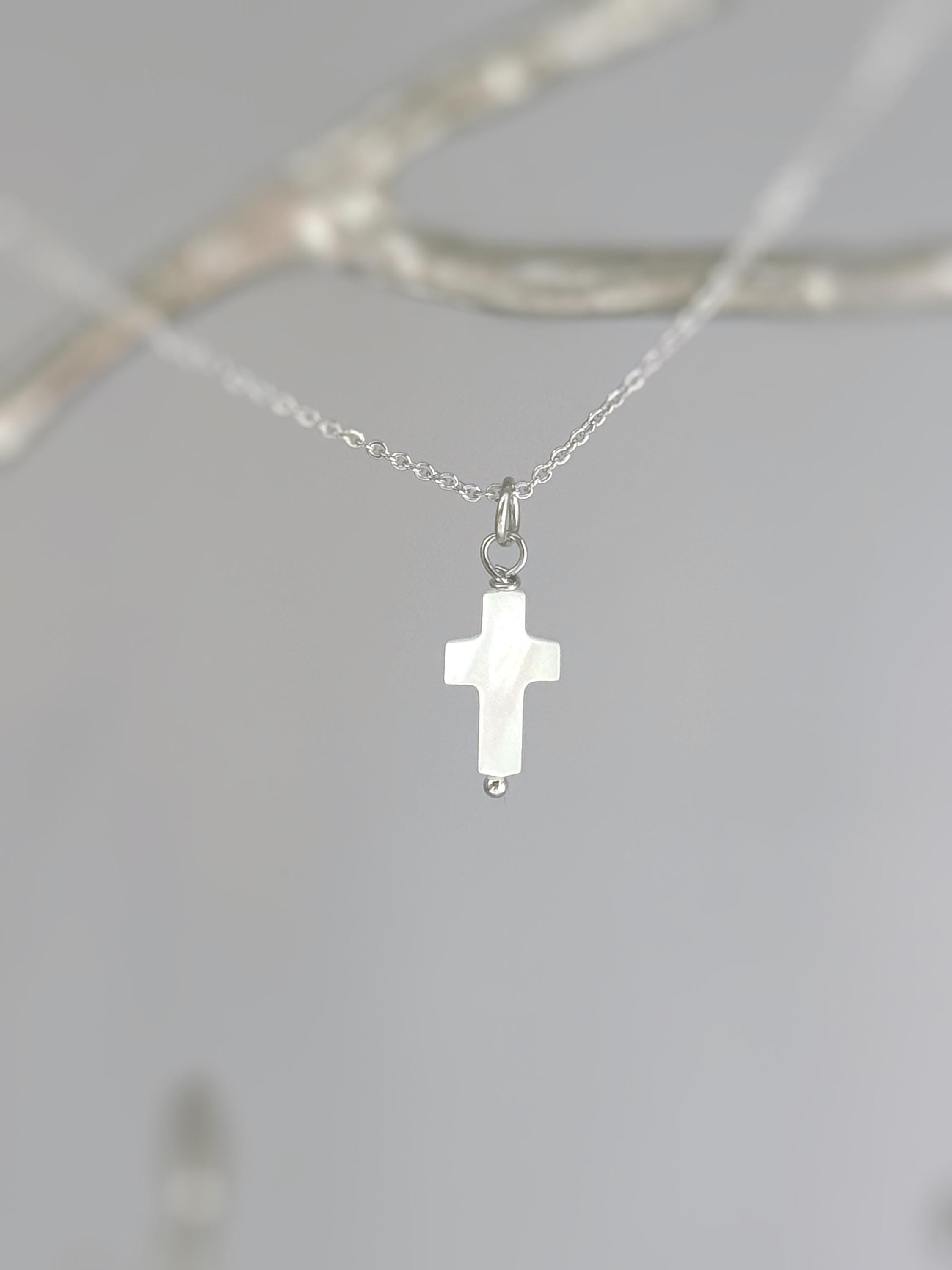 Dainty Mother of Pearl Cross Necklace 14k gold, sterling silver Catholic jewelry Christian faith necklace communion religious gift for her