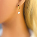 Dainty Gold Mother of Pearl Heart Earrings Huggie Hoops Dangle charms Silver, Rose Gold romantic June Birthstone birthday gift wife mom bff