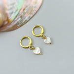 Dainty Gold Mother of Pearl Heart Earrings Huggie Hoops Dangle charms Silver, Rose Gold romantic June Birthstone birthday gift wife mom bff