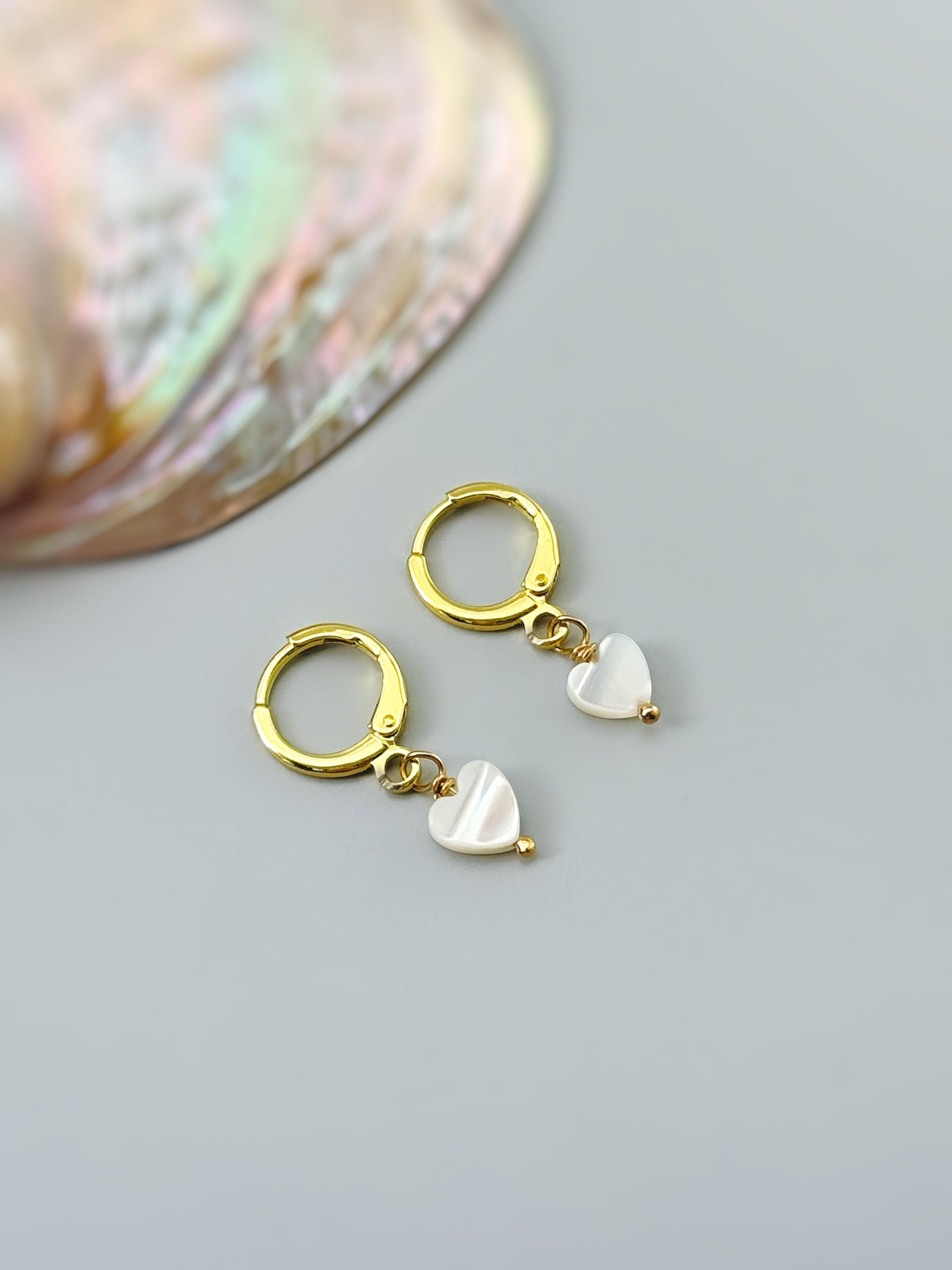 Dainty Gold Mother of Pearl Heart Earrings Huggie Hoops Dangle charms Silver, Rose Gold romantic June Birthstone birthday gift wife mom bff