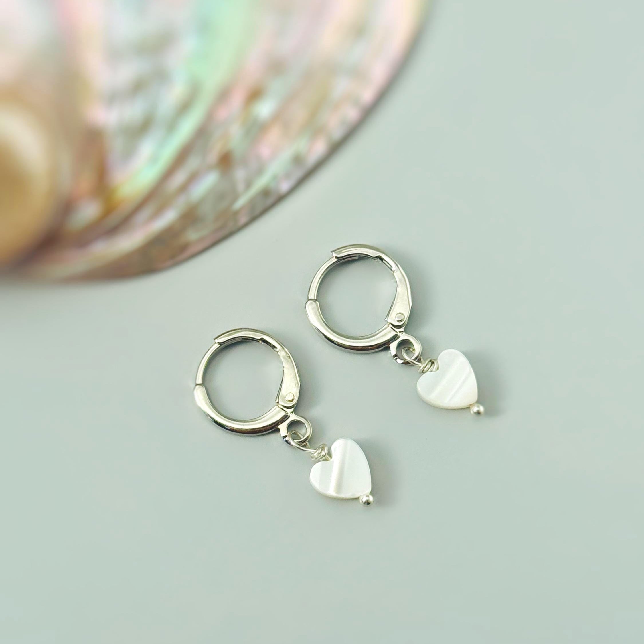 Dainty Silver Mother of Pearl Heart Earrings Huggie Hoops Dangle charms Gold, Rose Gold romantic birthday gift girlfriend wife sister mom