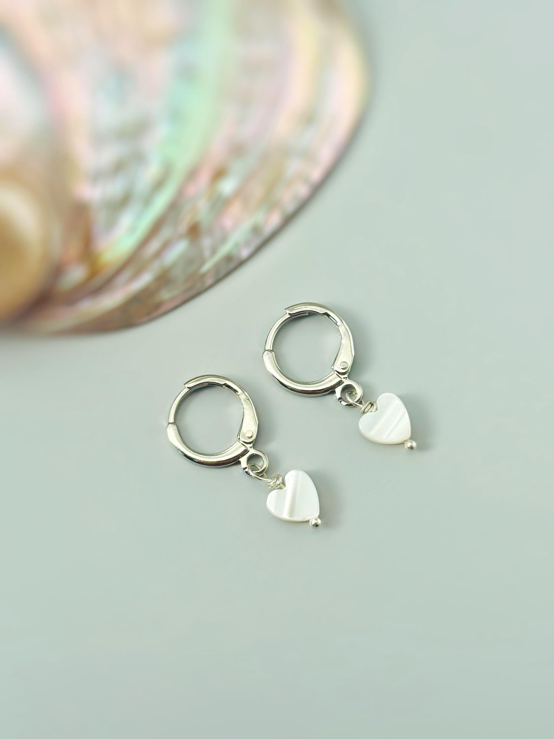 Dainty Silver Mother of Pearl Heart Earrings Huggie Hoops Dangle charms Gold, Rose Gold romantic birthday gift girlfriend wife sister mom